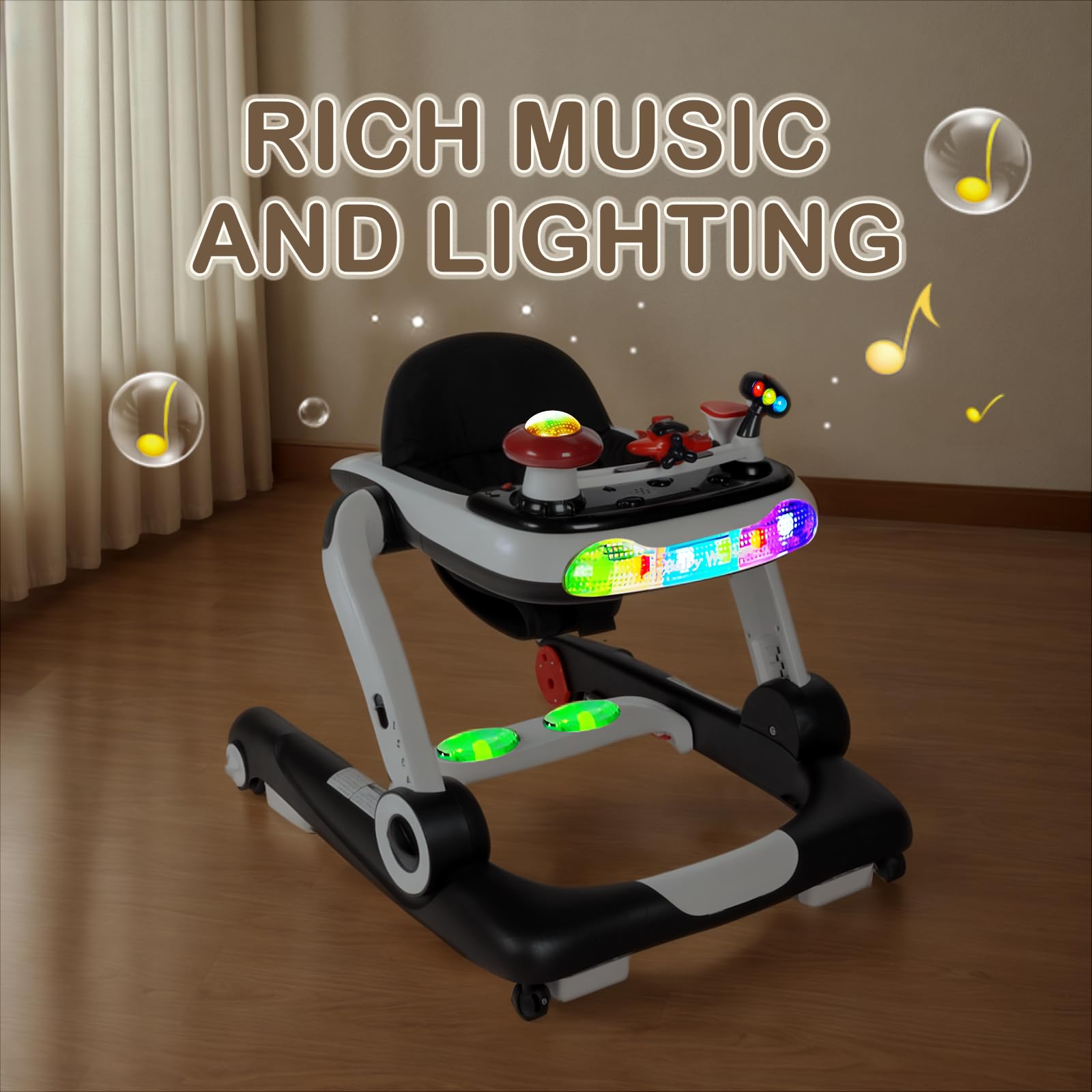 Kinder King 5-in-1 Baby Walker with Music & Lights - Adjustable Height & Seat, Learning-Seated & Walk-Behind Toddler Activity Walker with Safety Bumper & Anti-Rollover Design (Black) - Perfect for Early Learning, Playtime & First Steps