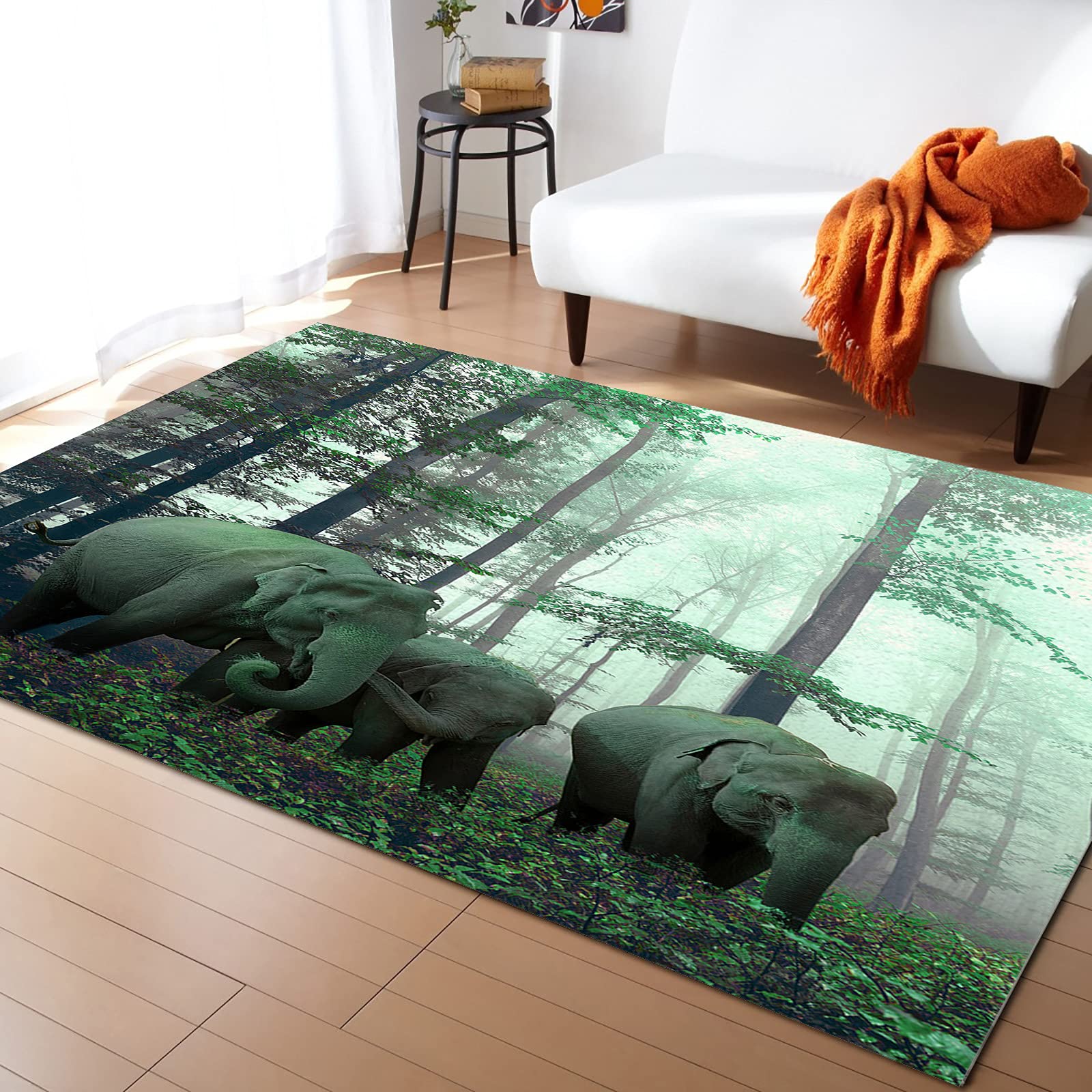 5'x8' Washable Non-Slip Area Rug - Indoor/Outdoor Carpet for Living Room, Bedroom, Kitchen, Nursery & Patio | Forest Green Elephant Design | Perfect for Thanksgiving Decor & Home Office