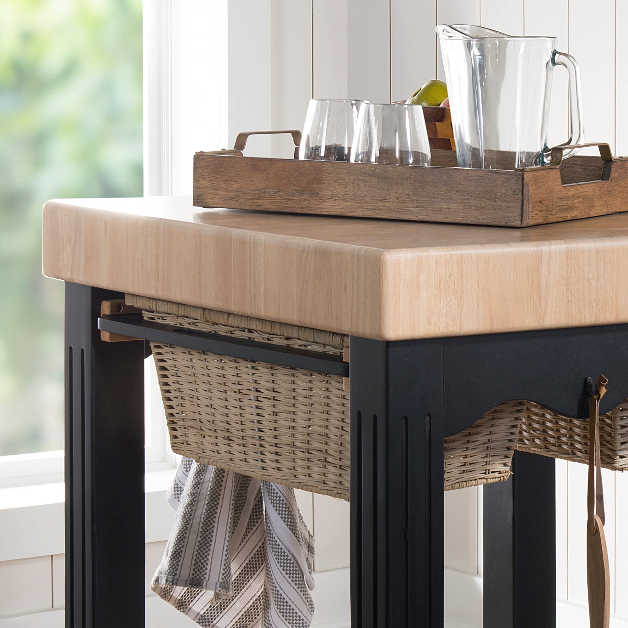Premium Powell Color Story Black Butcher Block Kitchen Island - Durable Wooden Countertop for Food Prep, Dining & Entertaining - Perfect for Modern Farmhouse, Industrial & Rustic Kitchen Designs