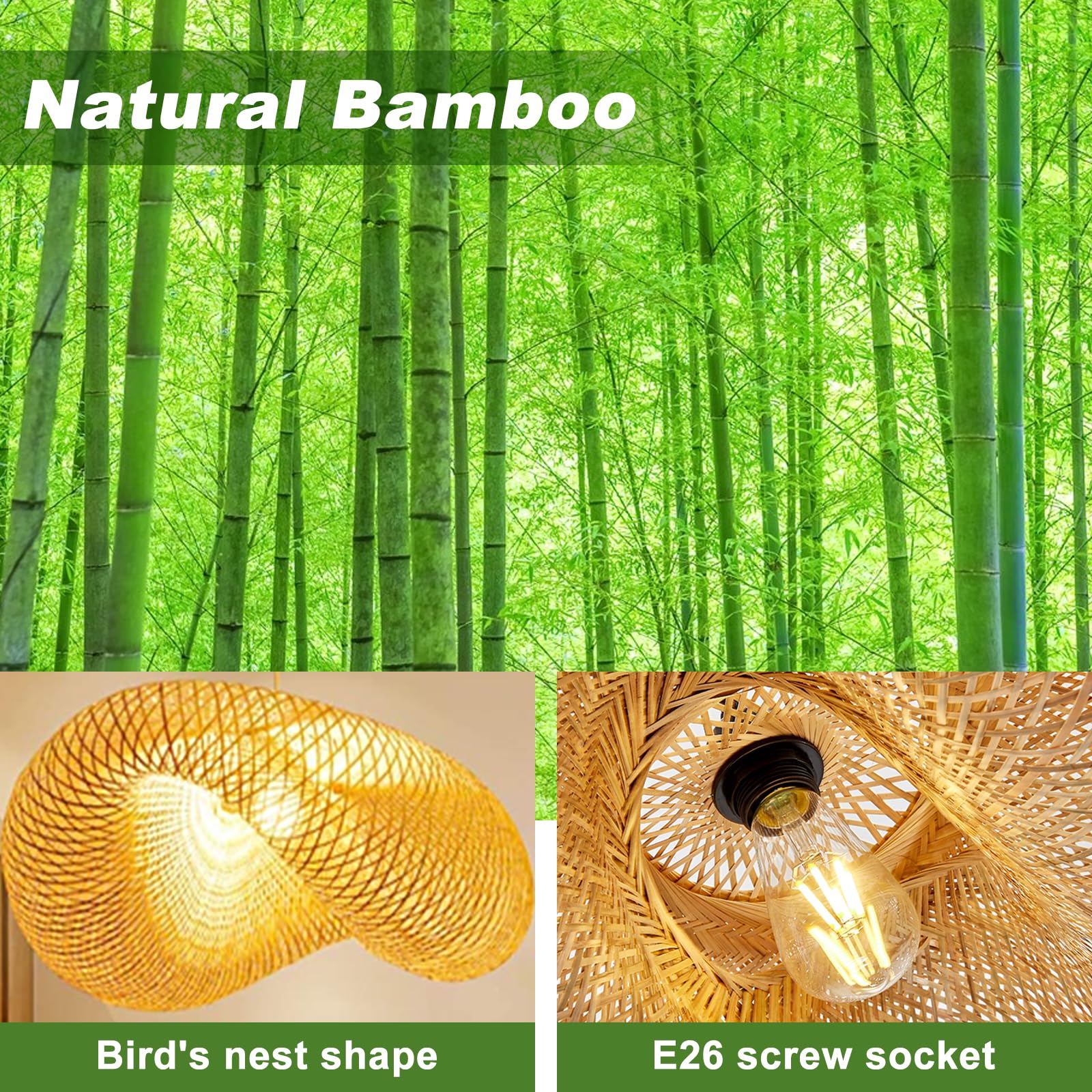 Farmhouse Bamboo Pendant Light Fixtures - Adjustable Rattan Chandelier for Kitchen Island, Living Room & Dining Room | Rustic Ceiling Hanging Lamp with Bird's Nest Design | Perfect for Bedroom, Entryway & Home Decor | Creates Cozy Ambiance for Family Gatherings