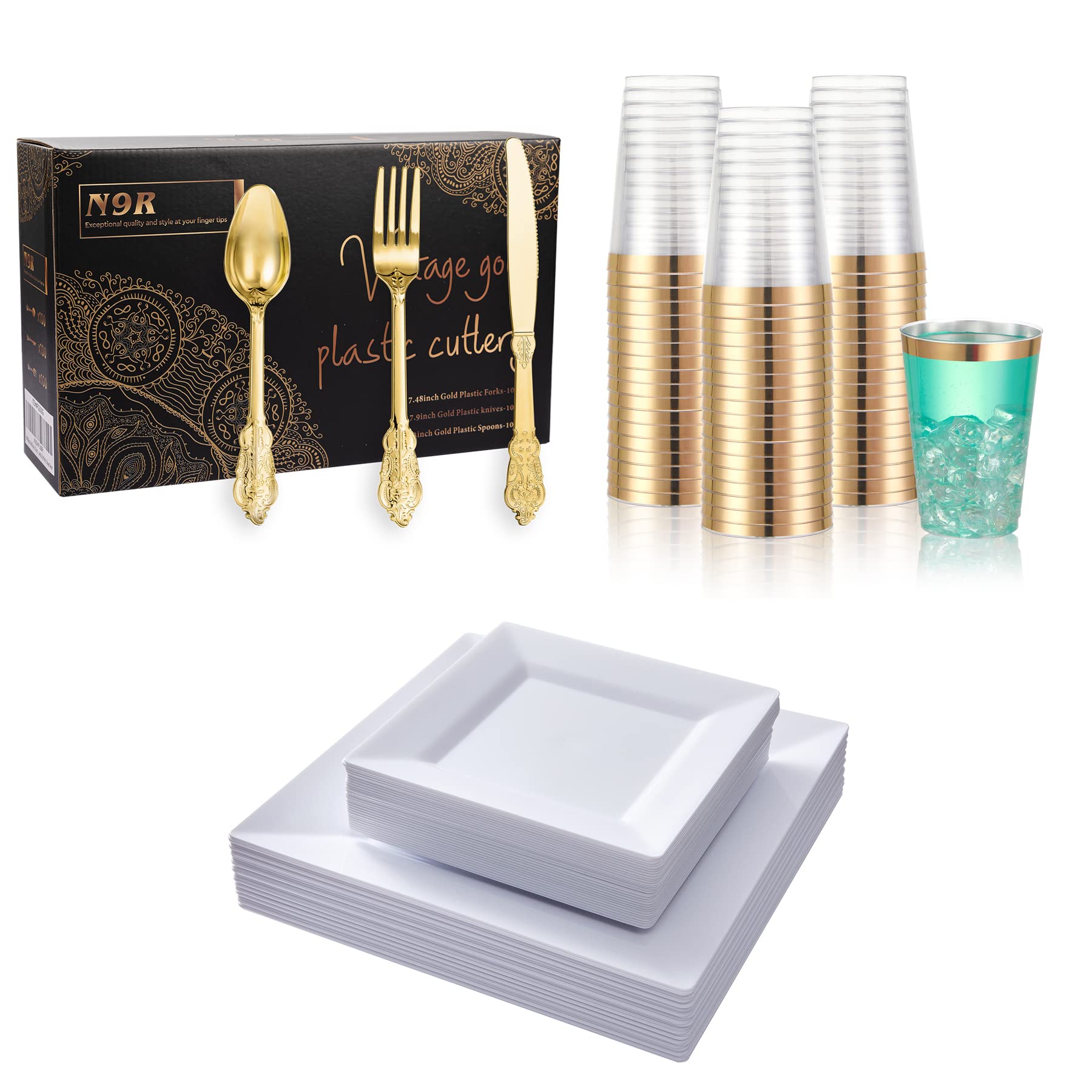 300-Piece Gold Plastic Cutlery Set with 72 Gold Plastic Cups & 60 White Plastic Plates - Elegant Disposable Tableware for Parties, Weddings, and Events