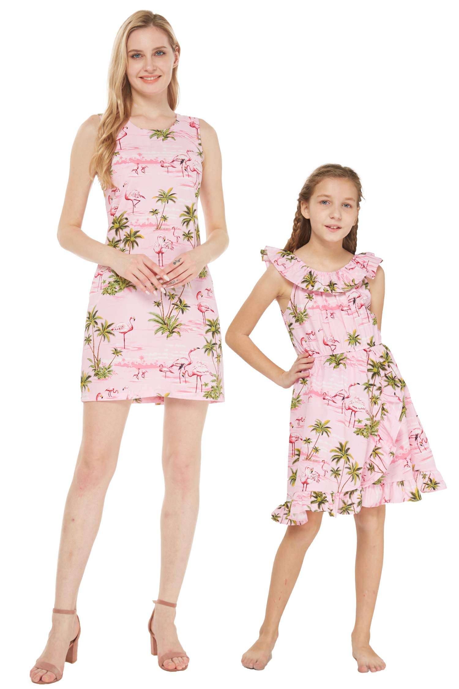 Hawaiian Pink Flamingo Matching Mother Daughter Luau Wrap Dress - Tropical Beach Party, Family Vacation, Summer Outfit for Women & Girls