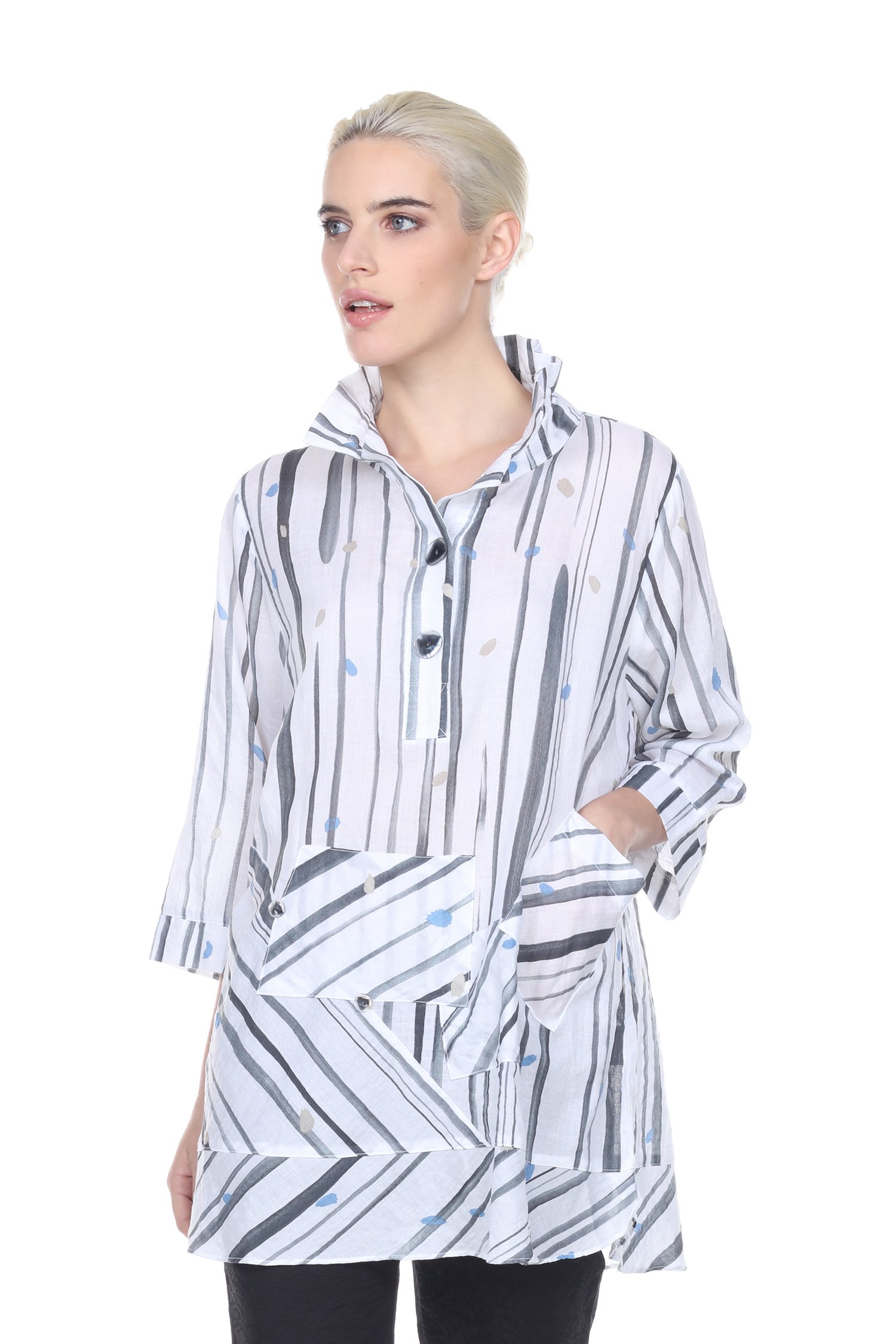 Terra-Sj Women's 100% Cotton 3/4 Sleeve Shirt with Convertible Collar - Comfortable & Stylish Blouse for Work, Casual Wear & Travel