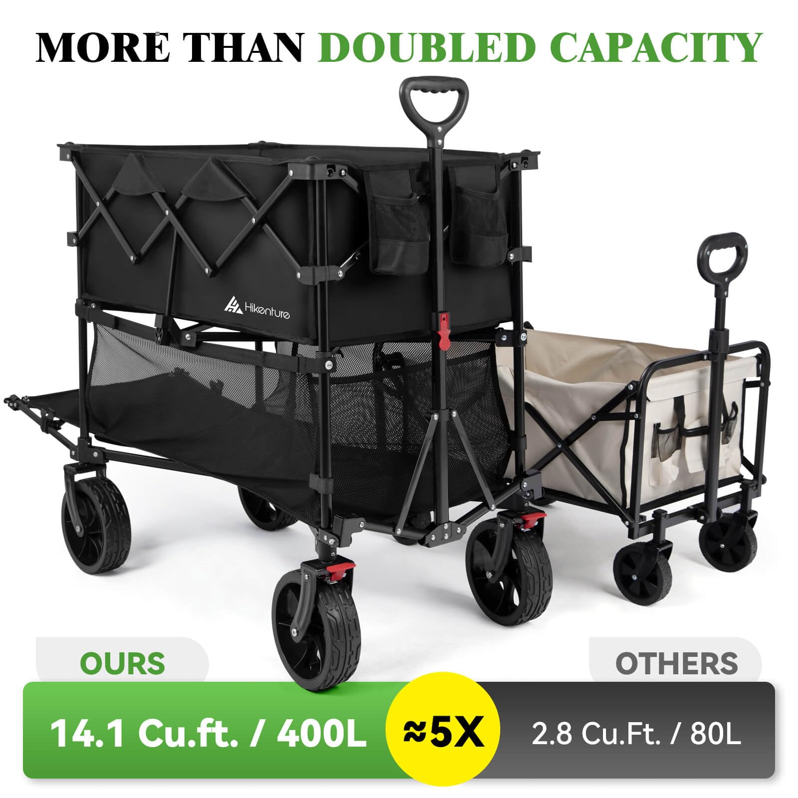 Hikenture 400L Extra Large Double Decker Beach Wagon with Big Wheels - Heavy Duty 500LBS Capacity Collapsible Utility Cart with Tailgate - Foldable for Beach, Sports, Camping, Picnics & Outdoor Adventures