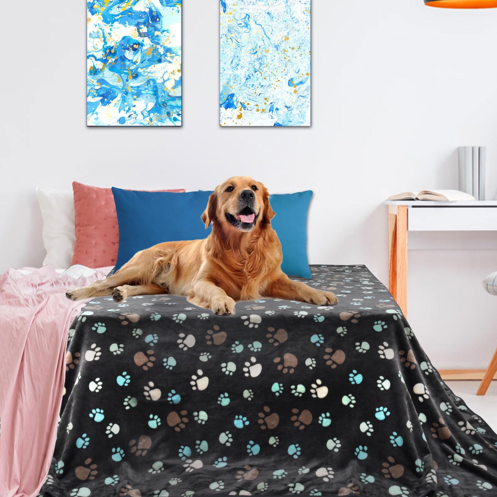 **Large Dog Blankets 80x60 Inch - Soft Flannel Pet Blanket for Dogs & Cats, Washable Kennel Crate Cover with Cute Paw Print - Grey Cozy Throw for Beds, Sofas & Travel**