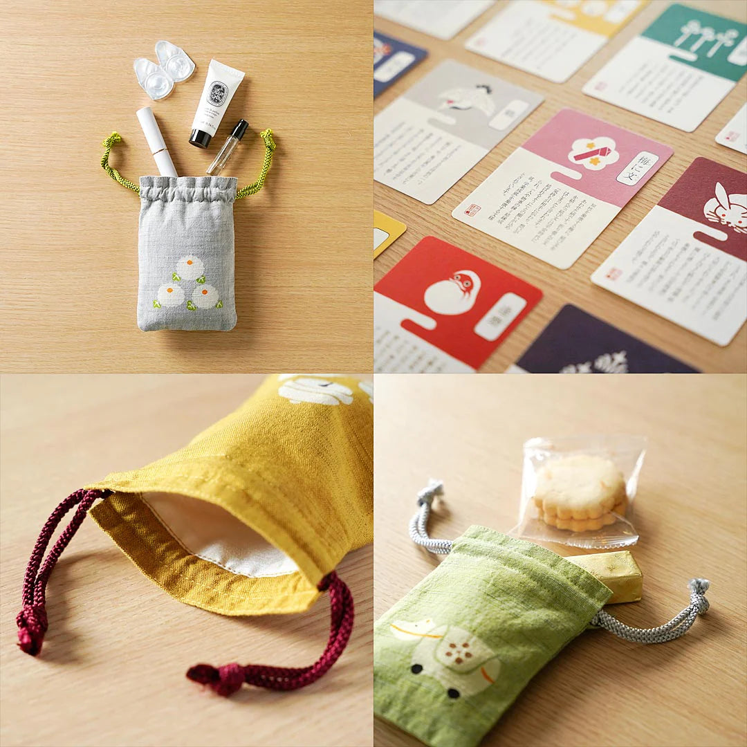 Katazome Small Talisman Bag - Japanese Traditional Craft Drawstring Pouch with Sheep Design | Perfect for Good Luck Charms, Jewelry Storage & Cultural Gift Giving
