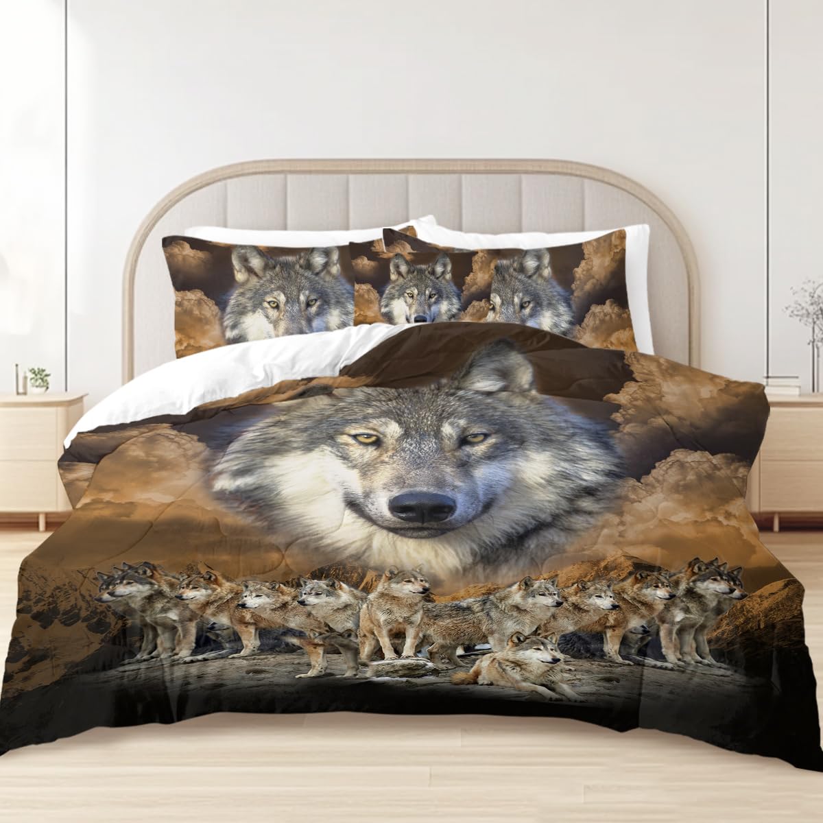 Sleepwish Gold Wolves Comforter Set - Twin Size 4-Piece Dark Clouds Wolf Leader Bedding with Comforter, Pillow Shams & Cushion Cover - Perfect for Teen Bedrooms, Wolf Lovers & Cozy Cabin Decor