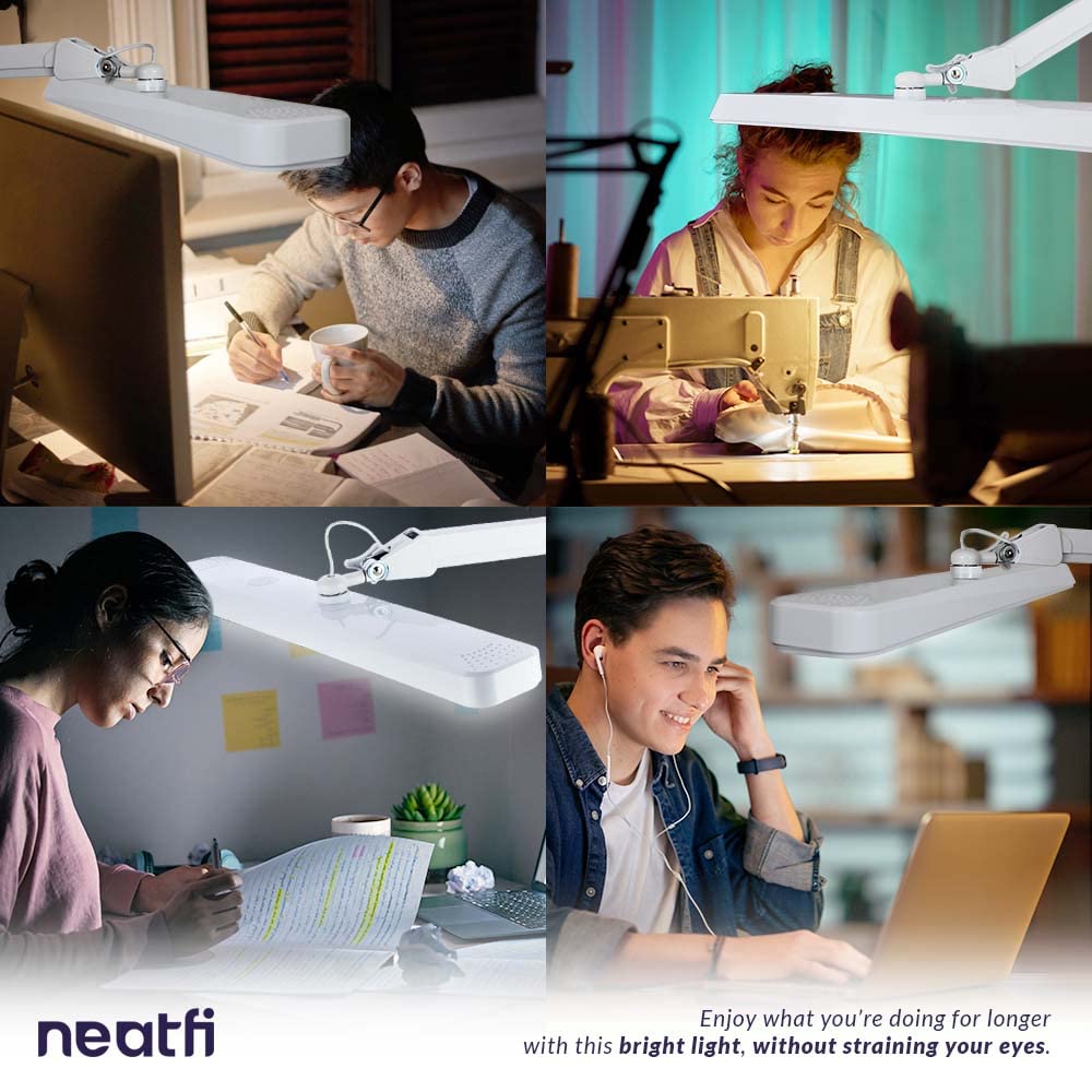 Neatfi XL 2500 Lumens LED Desk Lamp with Clamp - 22 Inch Wide Adjustable Dimmable Light, 3 Color Modes & 4 Brightness Levels - Perfect for Home Office, Study, Crafting, Nail Art & Hobbies (CCT, White) - Ideal for Reading, Working & Detailed Tasks
