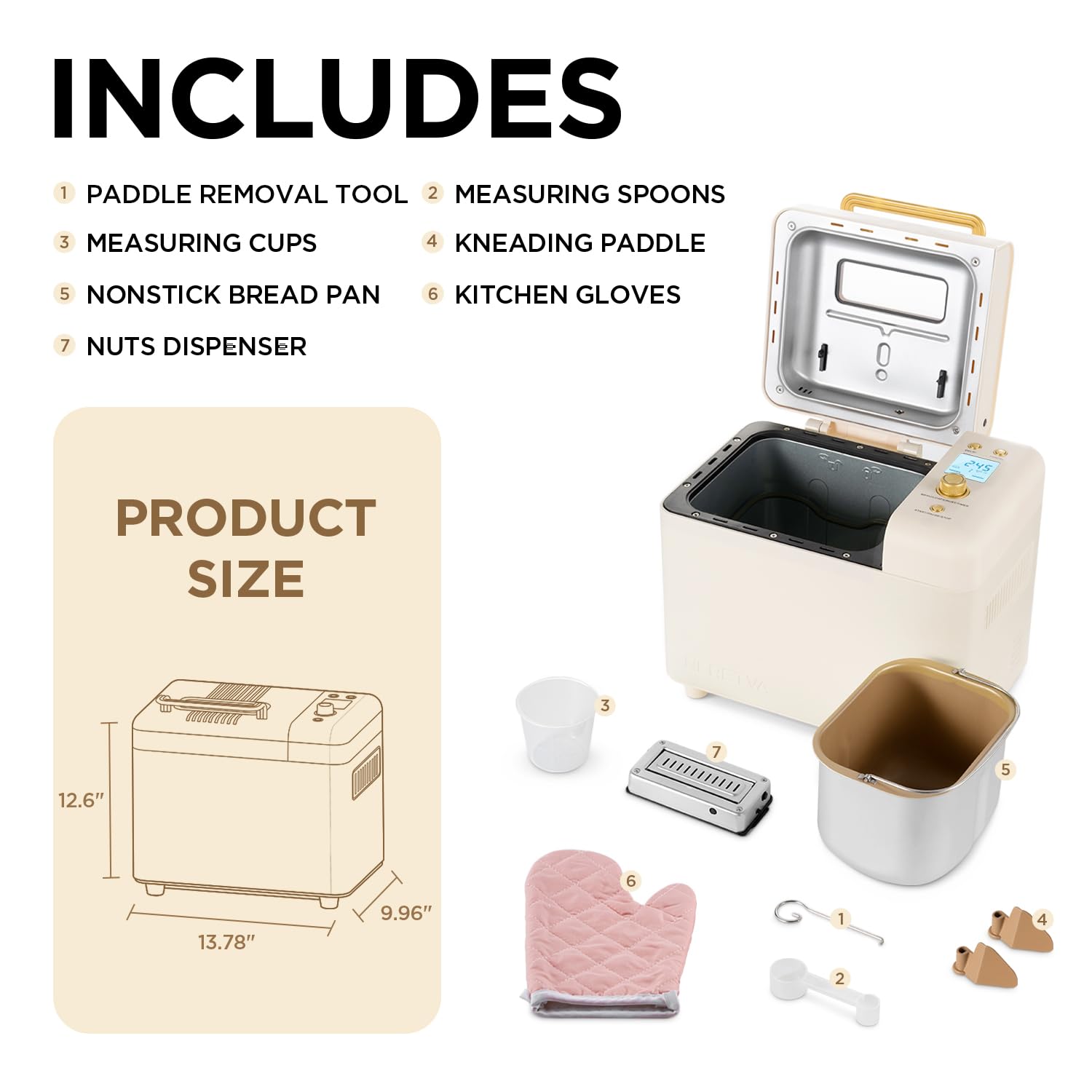 Neretva 2.2LB 15-in-1 Bread Maker Machine with Dual Heater, Auto Nut Dispenser & Nonstick Ceramic Pan - Perfect for Gluten Free Bread, Dough, Sourdough, Yogurt Making | Ideal for Home Baking, Family Breakfast & Healthy Cooking