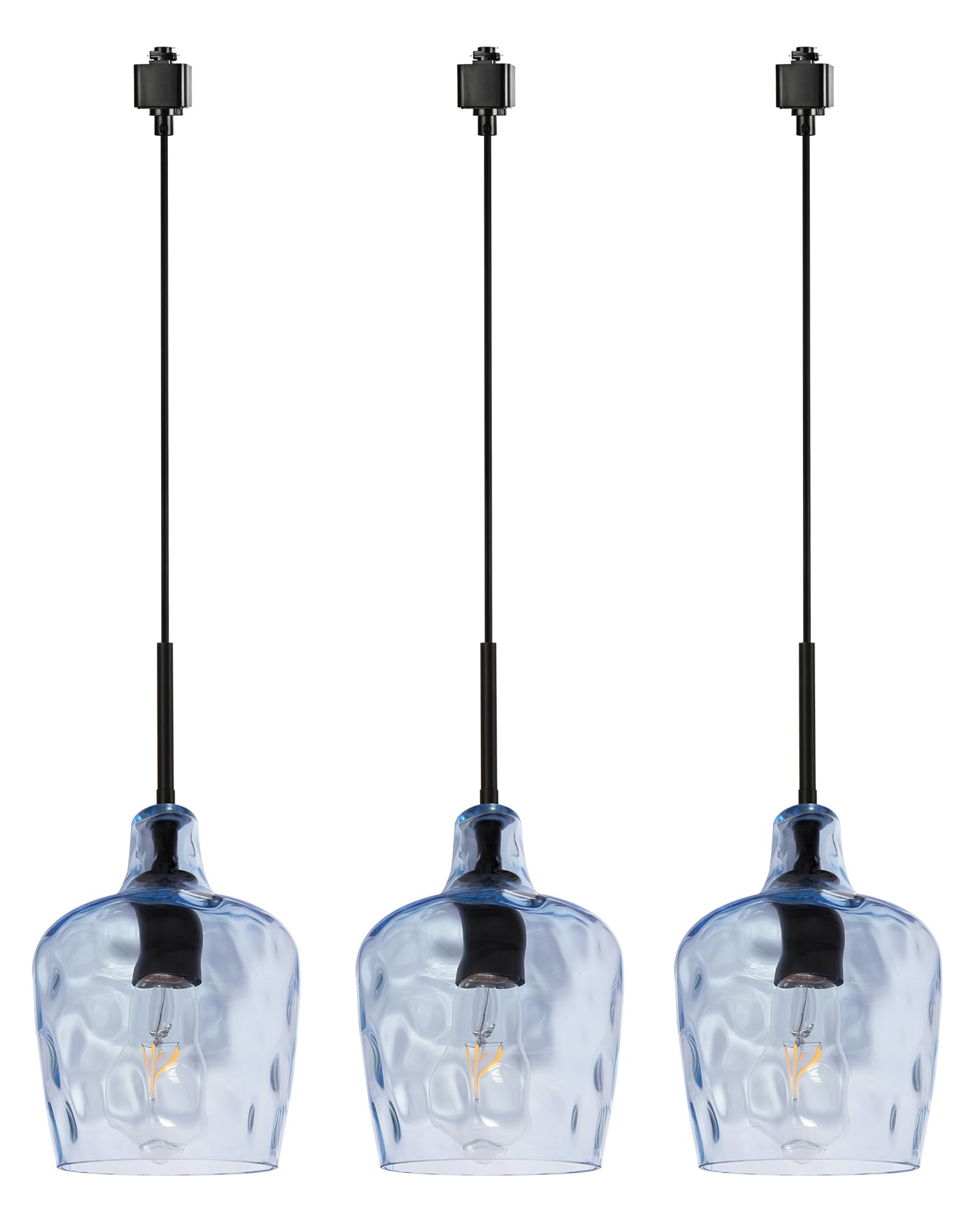 VINLUZ 3-Pack Black H-Type Track Pendant Lighting Set with Blue Clear Glass - Adjustable Hanging Chandelier for Dining Room, Kitchen, Bar & Living Room Lighting Decor