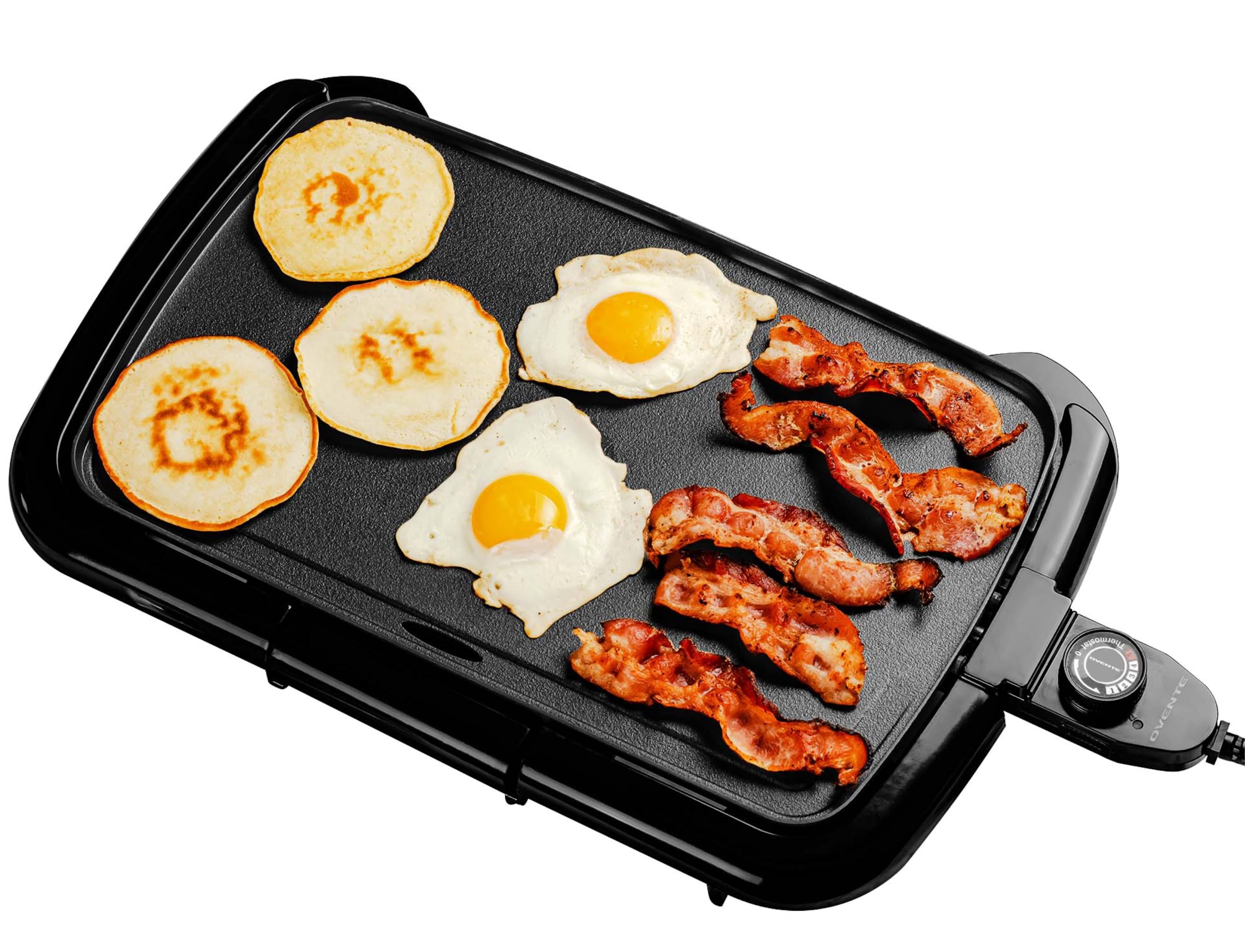 OVENTE Electric Griddle 16x10 Inch Non-Stick Indoor Grill with Adjustable Thermostat - Perfect for Pancakes, Burgers, Eggs & Breakfast Cooking - Black GD1610B - Ideal for Home Kitchens, Dorms & Small Spaces