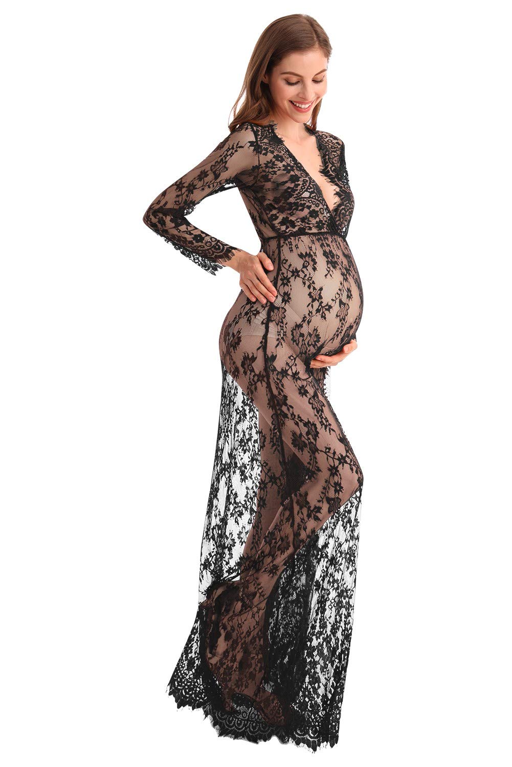 Elegant Boudoir Maternity Lace Dress - Long Sleeve Deep V-Neck Lingerie Gown for Milk Bath Photoshoots, Bridal Shower & Romantic Nights | Plus Size Nightgown & Nursing Robe for Pregnant Women