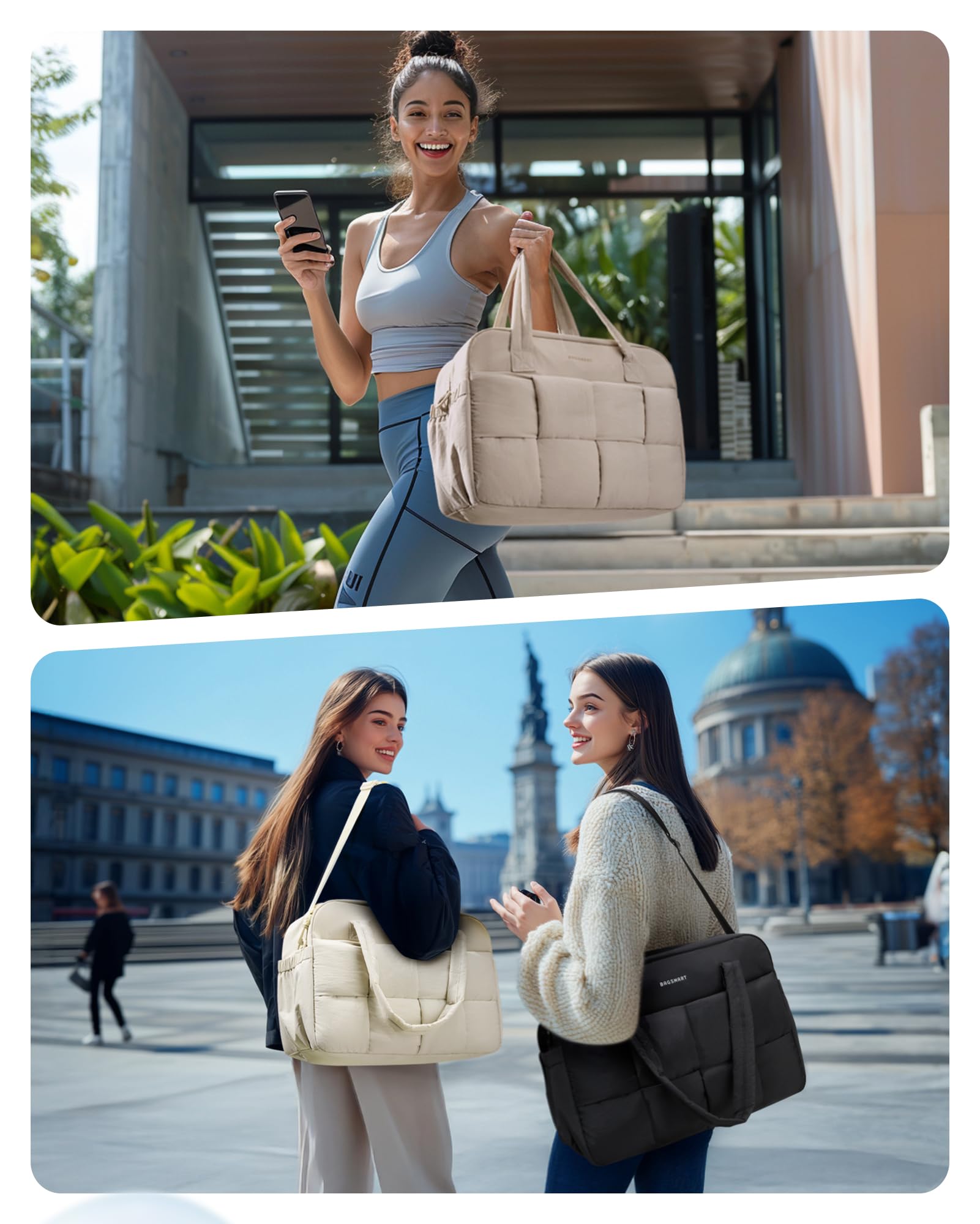 BAGSMART 29L Puffer Gym Bag for Women - Waterproof Duffle Travel Bag with Laptop Compartment, Weekender Carry On Bag for Workout, Yoga, Travel & Gym - Perfect as Personal Item Bag for Airplane