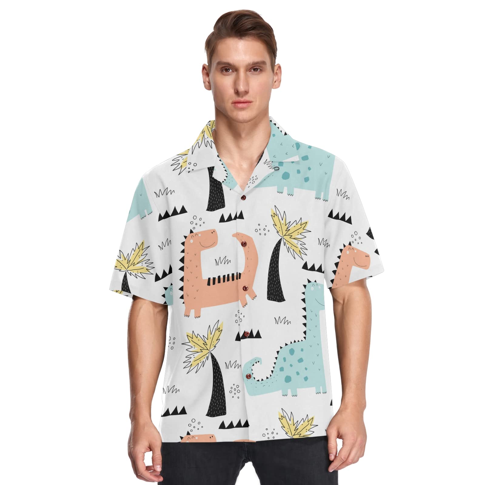 Stylish Men's Dinosaur Print Hawaiian Shirt - Casual Short Sleeve Button Down Shirt for Summer Beach Vacation, Party & Outdoor Activities