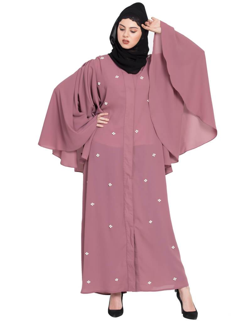 Elegant Arabic Butterfly Sleeve Open Front Pearl Embellished Dubai Kaftan - Pink Abaya for Women | Perfect for Weddings, Parties & Special Occasions