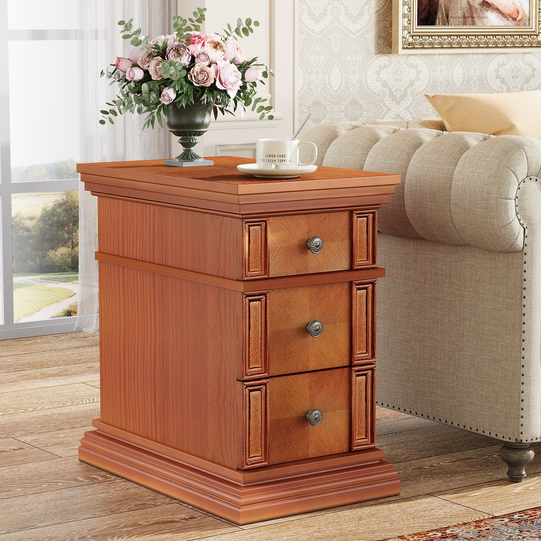 Modern Wooden End Table with 3 Drawers - Nightstand, Sofa Side Table for Living Room, Bedroom - Perfect for Small Spaces & Home Decor