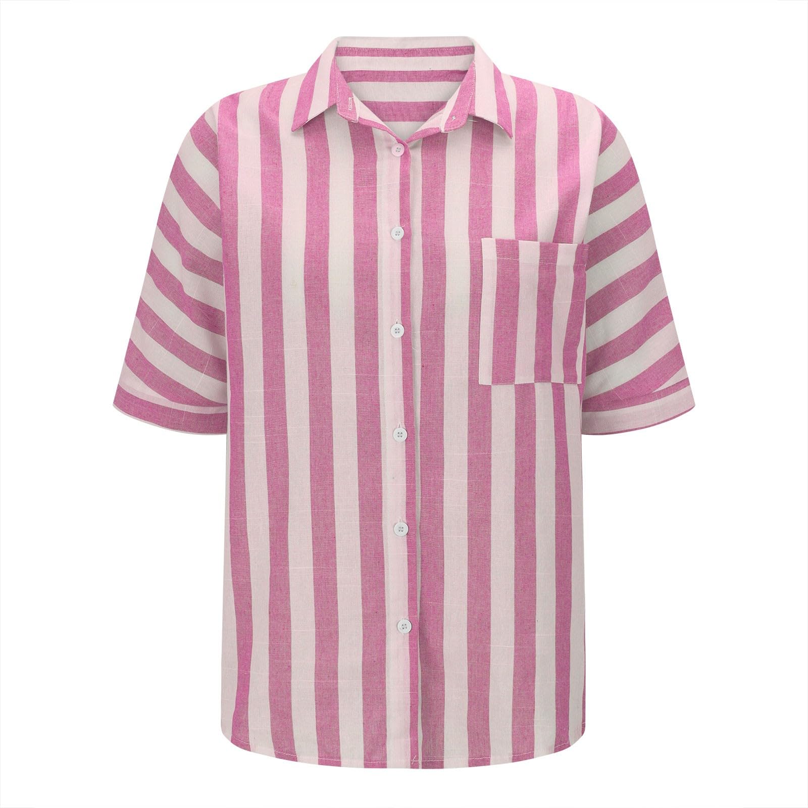 Women's Striped Linen Short Sleeve Button Down Shirt - Trendy V-Neck Casual Blouse & Loose Fit Work Top for Office, Summer Outings & Weekend Wear