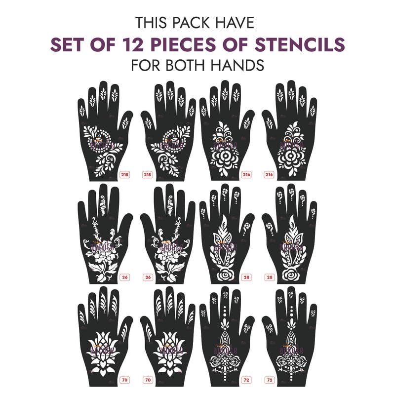 APCUTE 12-Piece Combo Pack Henna Tattoo Stencils for Women, Girls & Kids - Easy DIY Mehndi Design Stickers (Sizes 215-216-26-28-70-72) for Parties, Weddings & Festive Occasions