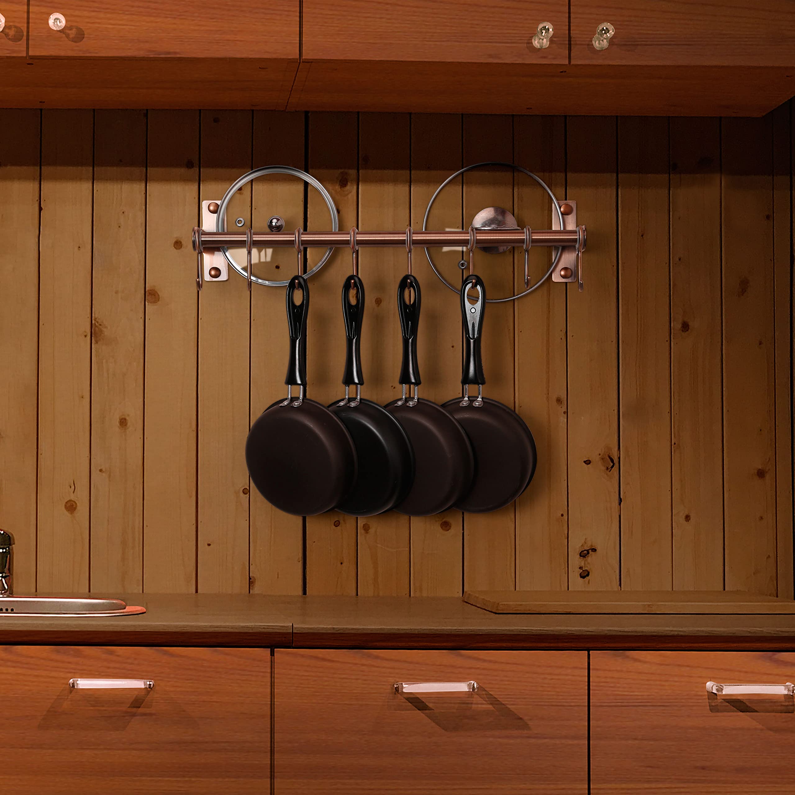 Dseap 8-Hook Wall Mounted Kitchen Rail Organizer - Double Bar Hanging Rack for Pots, Pans & Plants - Antique Copper (2-Pack) - Perfect for Small Kitchen Space Saving & Utensil Organization