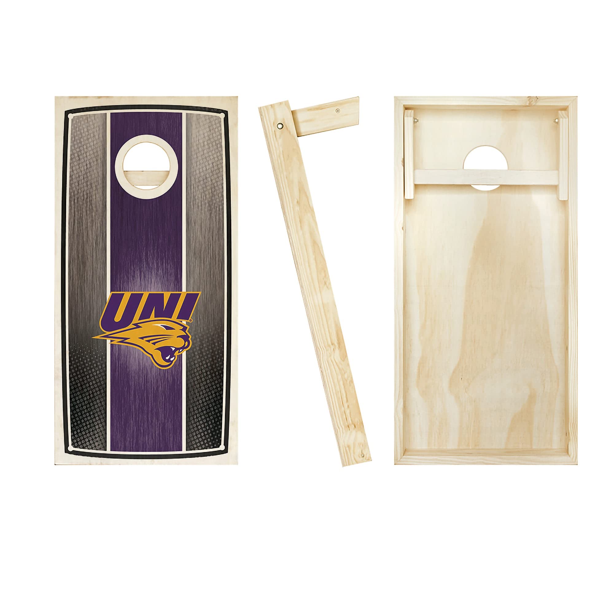 Premium Northern Iowa Stained Striped Cornhole Boards Set - 2 Boards & 8 Custom Team Logo Bags | Outdoor Lawn Games, Tailgate Parties, Backyard BBQ Entertainment