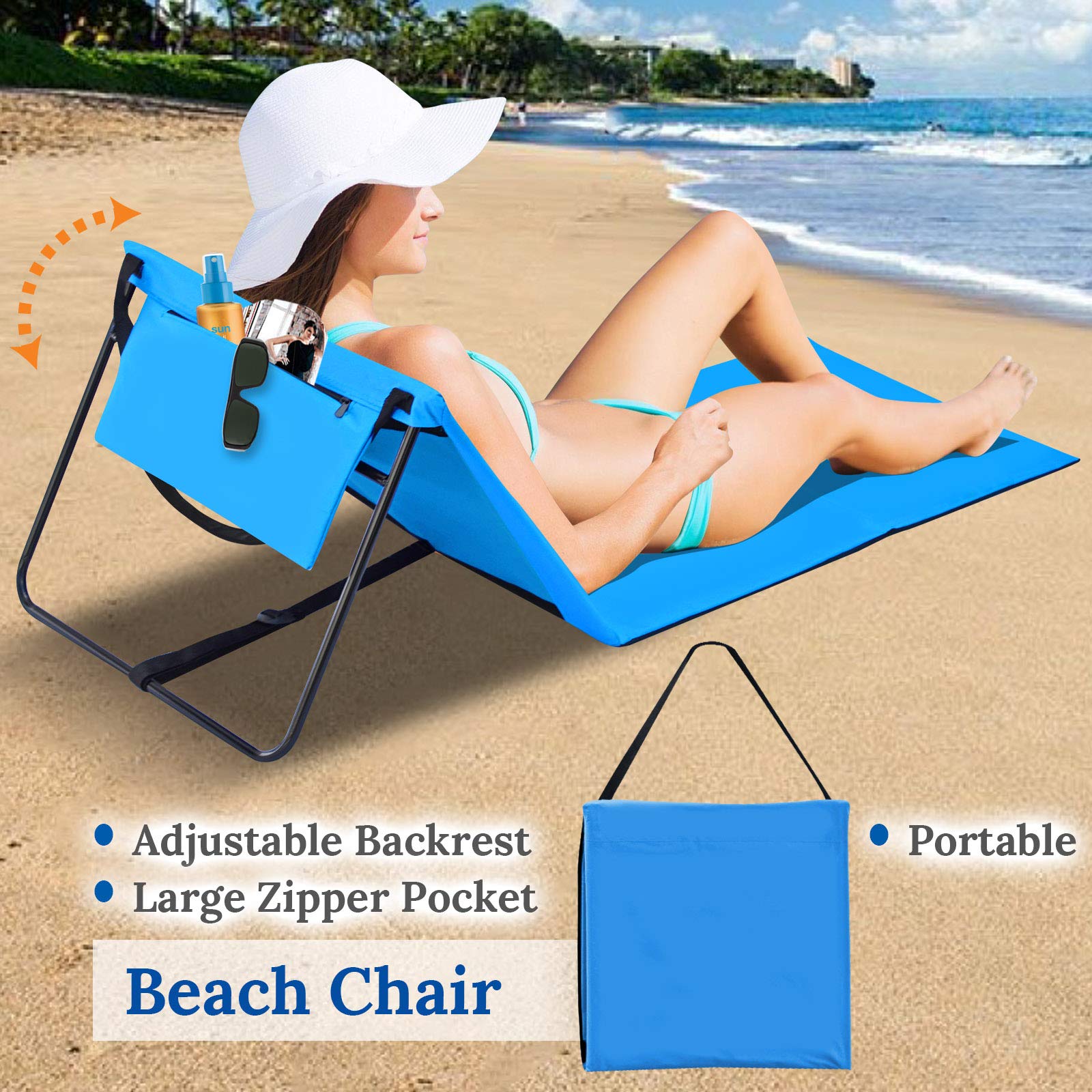 **BenefitUSA Outdoor Portable Lounge Chair - Light Blue Reclining Beach Chair with Ground Mat for Pool, Camping, Picnics & Backyard Relaxation**