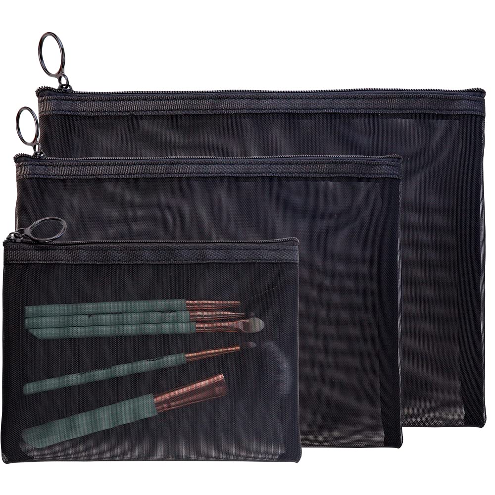 JOGILBOY 3 Pack Black Mesh Toiletry Bag Set - Durable Travel Makeup Organizer with Zipper Pouch & Keychain Ring | Perfect for Cosmetic Storage, Pencil Case, Gym Essentials & Vacation Packing