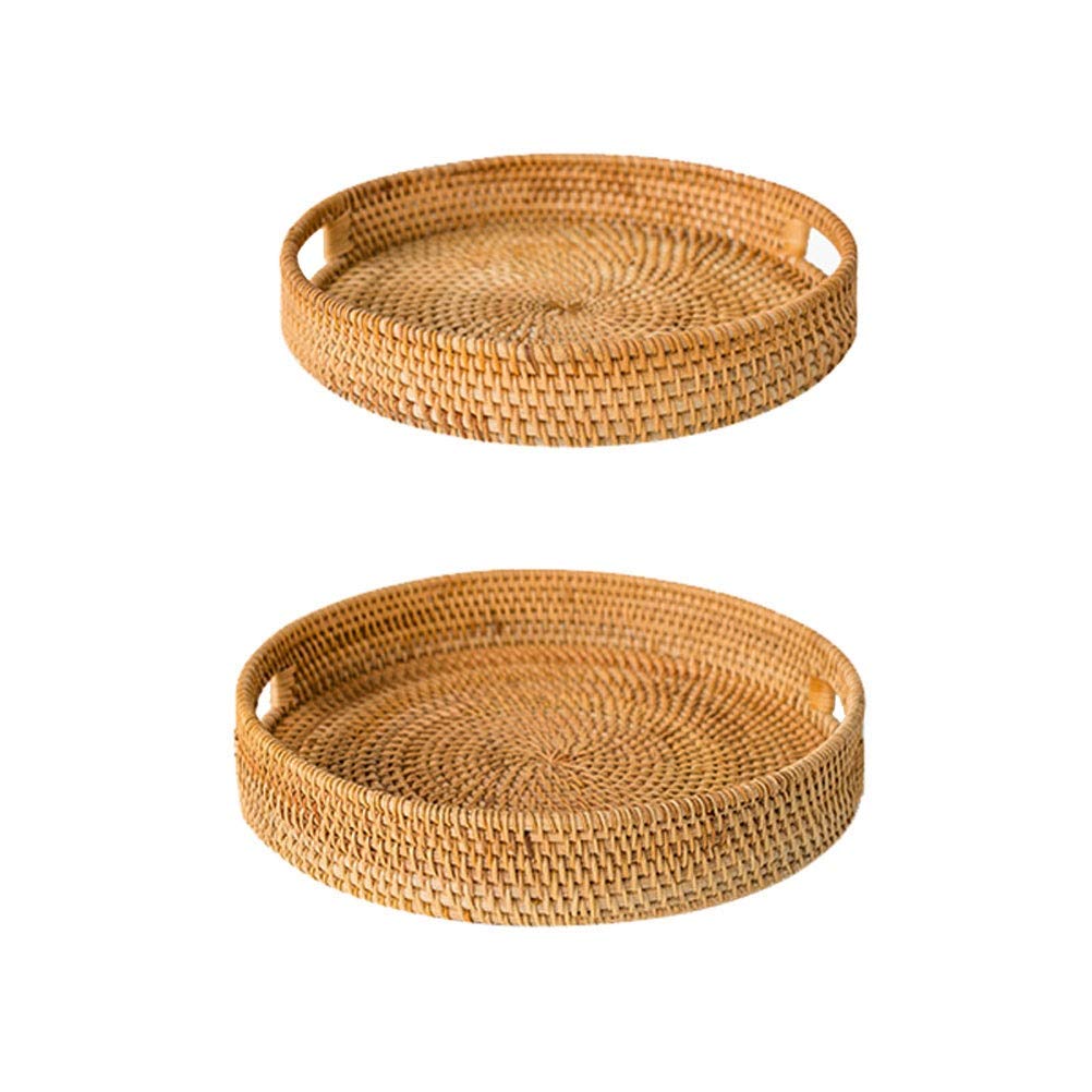 BZGKNUL Hand-Woven Rattan Fruit Plate & Tea Tray Set - Natural Round Storage Basket with Handles for Dining Room, Living Room Decor | Perfect for Fruit Display, Tea Parties & Home Organization (2-Piece Set)