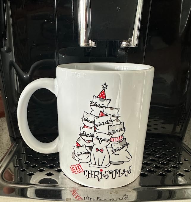 Funny Cat Christmas Coffee Mug - 11oz Holiday Tree Design Ceramic Cup for Xmas Gifts, Office & Home Use