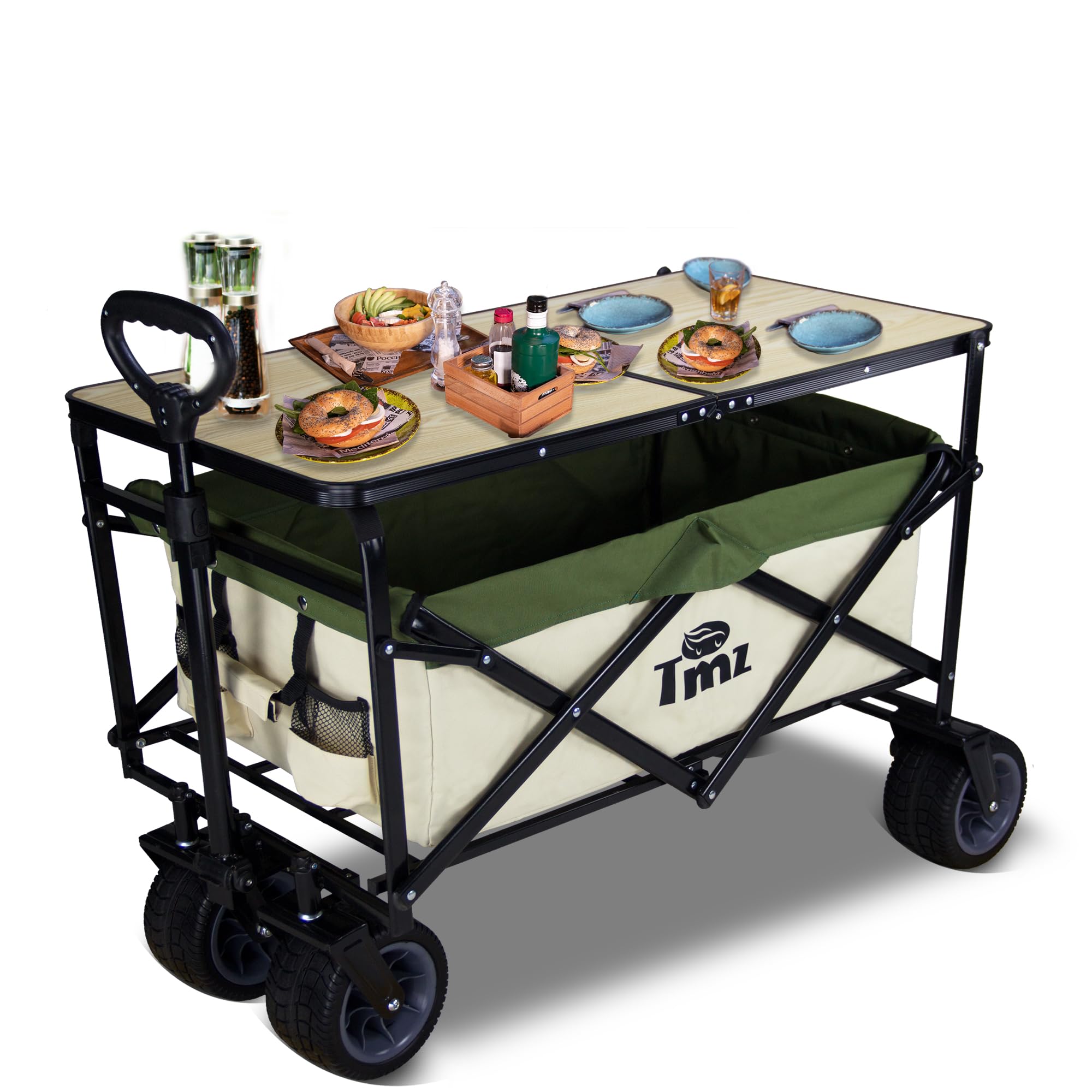 TMZ Heavy Duty Folding Wagon Cart with Removable Table - Collapsible Beach Utility Cart for Camping, Grocery Shopping, Picnics & Outdoor Activities (Beige/Green) - Perfect for Beach Trips, Tailgating & Farmers Market Use