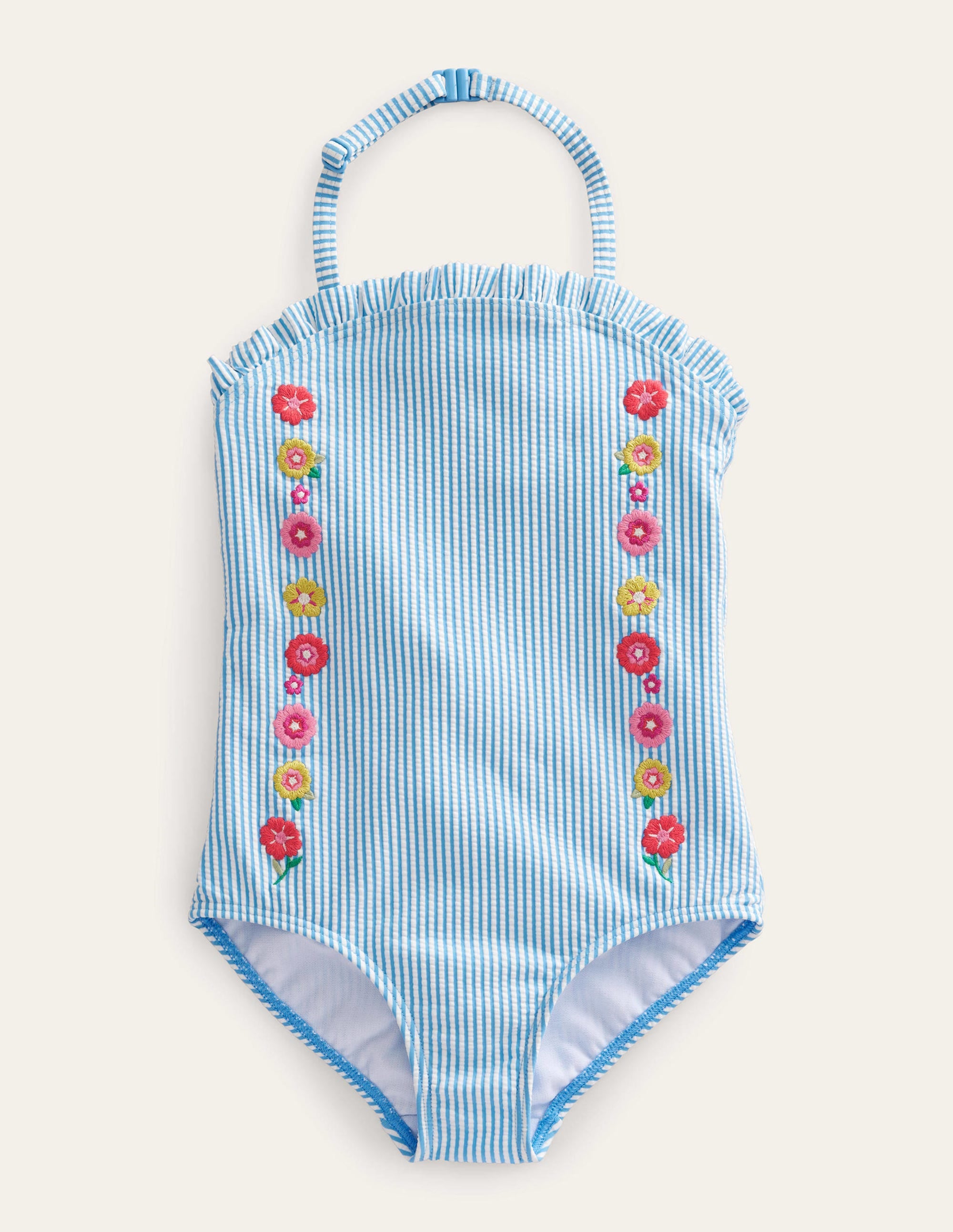 Women's Ivory & Blue Stripe Bandeau Swimsuit - High Waisted Bikini for Surfing, Beach Vacation & Summer Pool Party