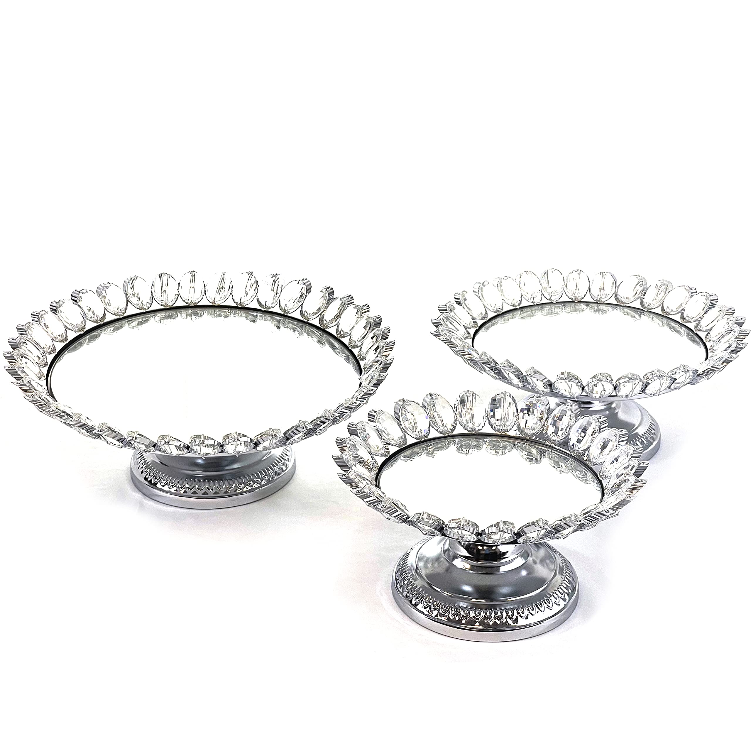 Allgala 3-Piece Silver Plated Crystal Dessert Stand Set with Mirror Plate - Elegant Cupcake & Cheese Display for Weddings, Parties & Afternoon Tea (HD89208, Lotus Design)