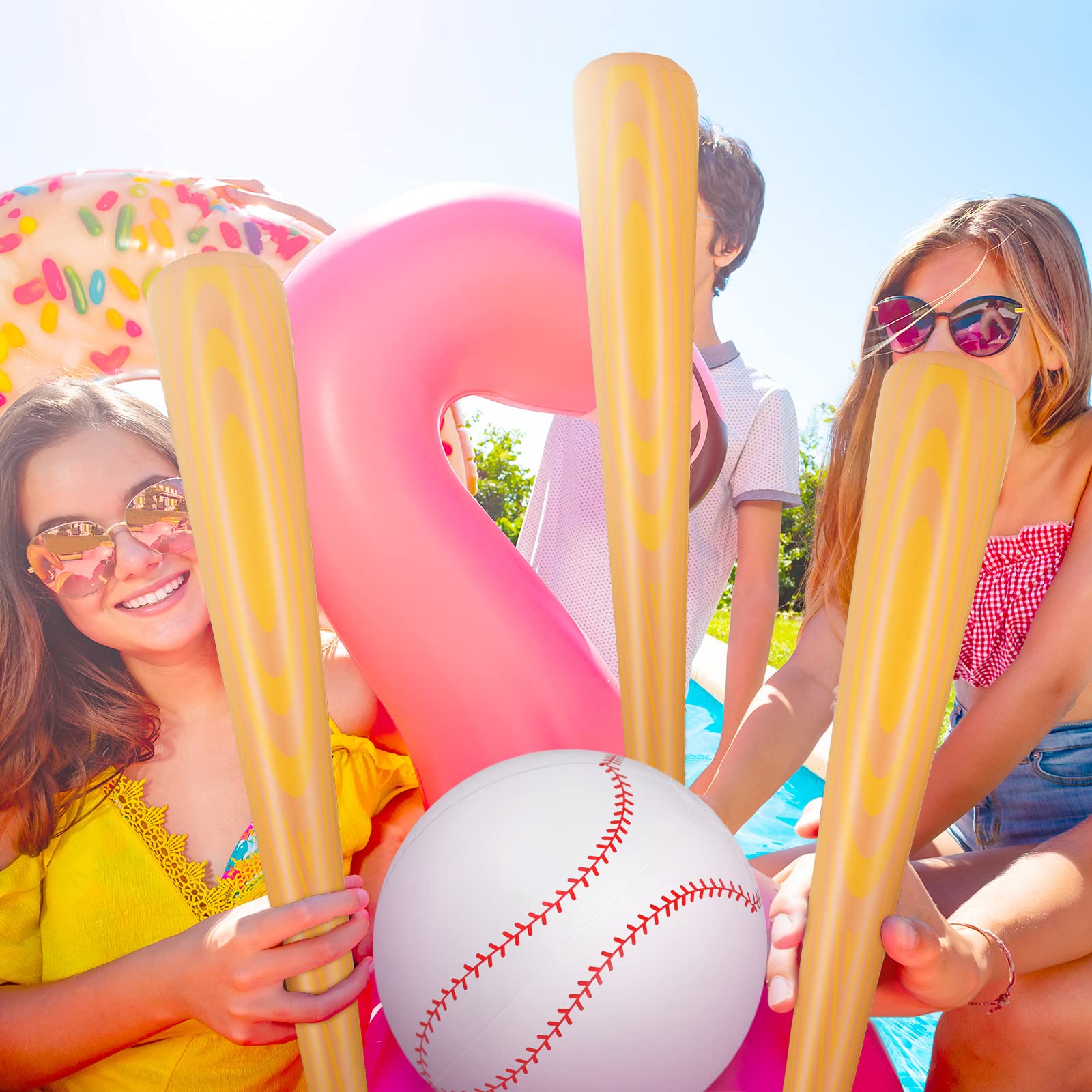 3-Pack Inflatable Baseball Beach Ball & Bat Set - Large Baseball Beach Ball & 2 Blow-Up Bats for Pool Party, Sports Games, Beach Decorations & Summer Outdoor Activities
