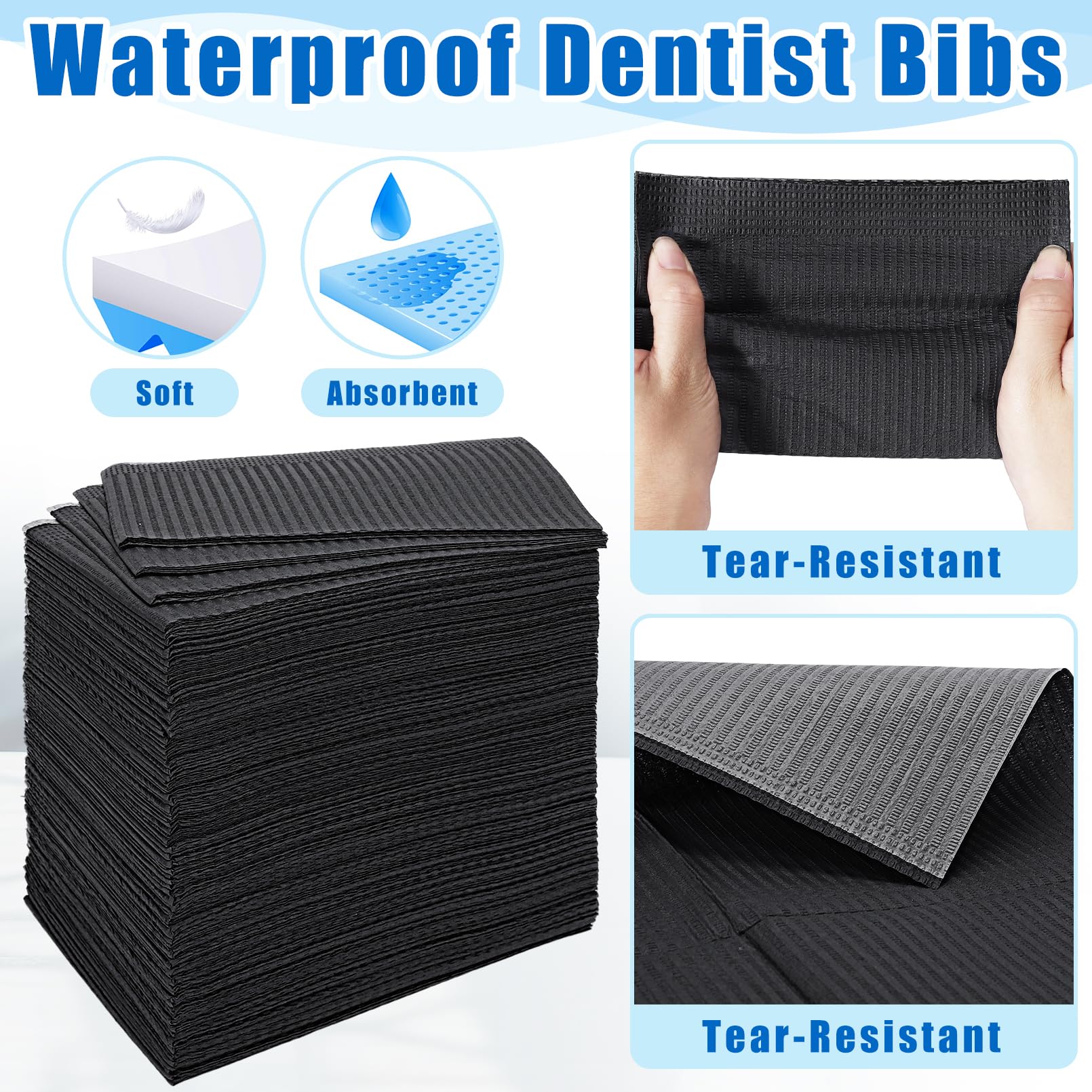 **250Pcs Black Disposable Dental Bibs - 3 Ply Waterproof Tattoo & Piercing Table Covers - Soft, Fluid Resistant Sheets for Dentist, Patient & Feeding - 13”x18” (2 Packs of 125) - Ideal for Dental Clinics, Tattoo Parlors & Baby Care**