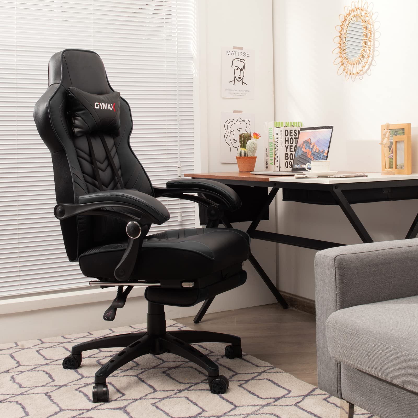 POWERSTONE Ergonomic Gaming Chair - Adjustable Racing Style PU Leather Computer Chair with Lumbar Support & Footrest - Black - Perfect for Esports, Office Work & Home Gaming Setup