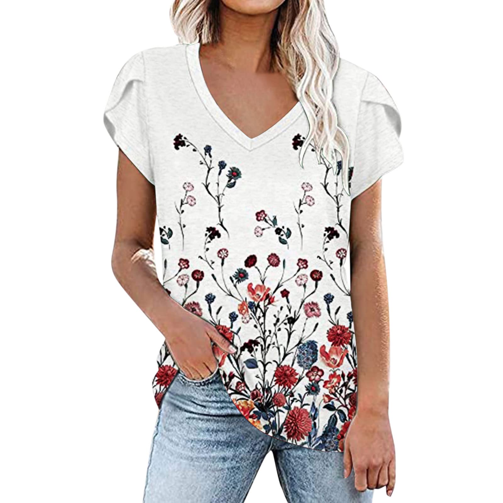 Women's Floral Print V-Neck Casual T-Shirt - Short Sleeve Summer Blouse with Petal Sleeve Detail for Everyday Wear, Office & Date Night Outfits