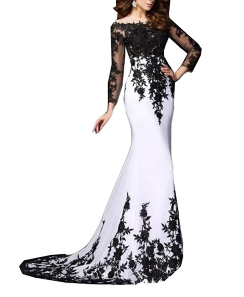 Emanni Women's Long Sleeve Bateau Neck Mermaid Evening Gown with Train - Elegant Formal Dress for Prom, Wedding, Gala & Special Occasions
