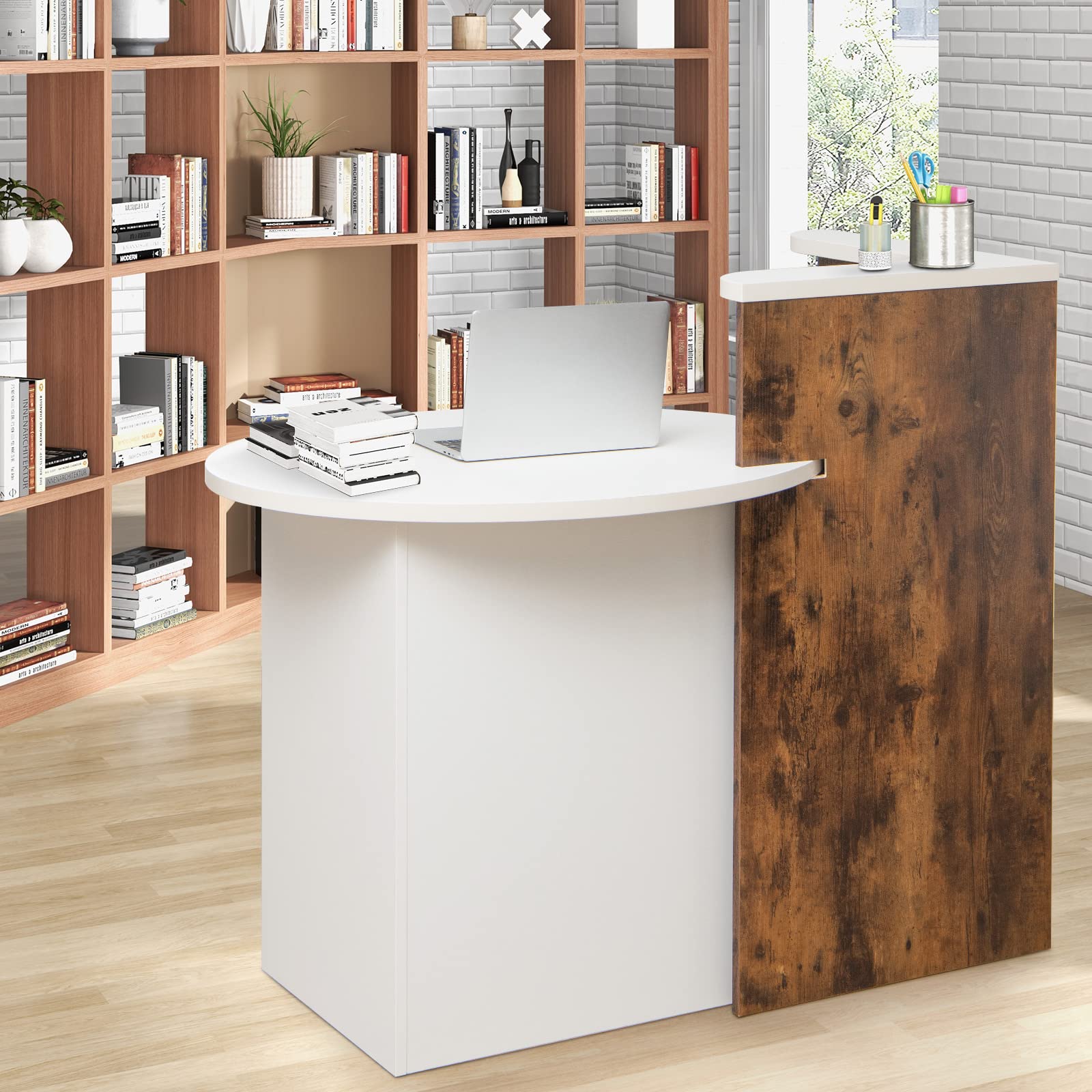 Tangkula Oval Reception Desk with Lockable Drawer & Adjustable Shelf - 60