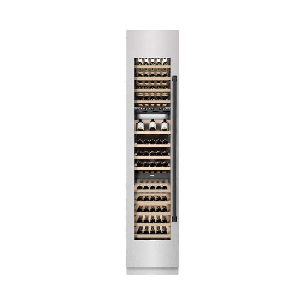 ZLINE Autograph Edition 18 Inch 9.0 cu ft Triple Zone 68 Bottle Left Hinge Wine Cooler - Satin Stainless Steel with Matte Black Accents | Perfect for Home Bars, Wine Cellars & Entertaining (RCWVLZ SN 18 MB)