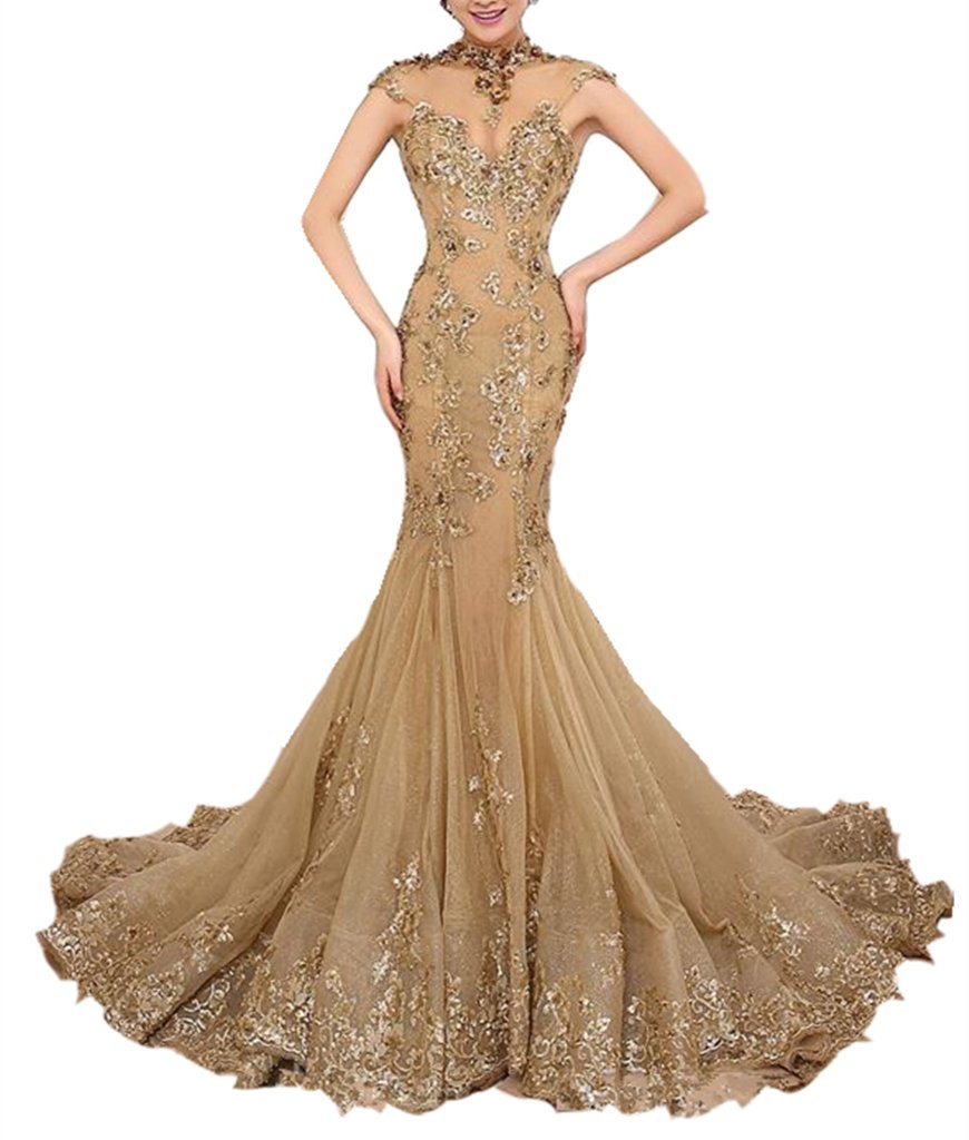 Emanni Women's Gold Beaded Sequins High Neck Mermaid Tulle Evening Prom Dress - Size 12 | Elegant Formal Gown for Homecoming, Wedding Guest, Cocktail Party & Special Occasions