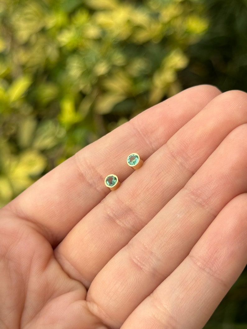 0.50tcw 14K Natural Lush Medium Green Round Cut Bezel Set 3.70mm Gold Baby Emerald Stud Earrings for Women - Perfect for Everyday Wear, Gift Giving & Special Occasions