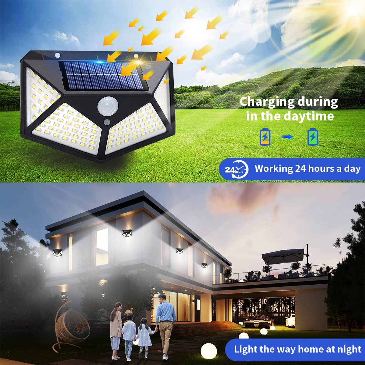 8 Pack Ceena Outdoor Solar Wall Lights - 100 LEDs with Reflector, 270° Wide Angle, IP65 Waterproof, Motion Sensor Security Lights for Exterior Wall, Patio, Yard, Garage, Deck, Garden - Perfect for Nighttime Safety and Landscape Lighting