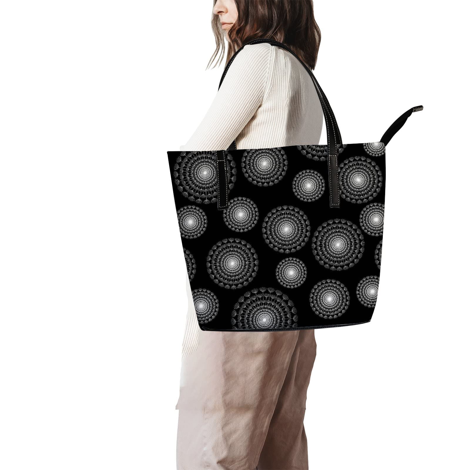 Stylish Black & White Dandelion Leather Tote Bag for Women - Zippered Crossbody Work Bag | Perfect for Office, Travel & Daily Use