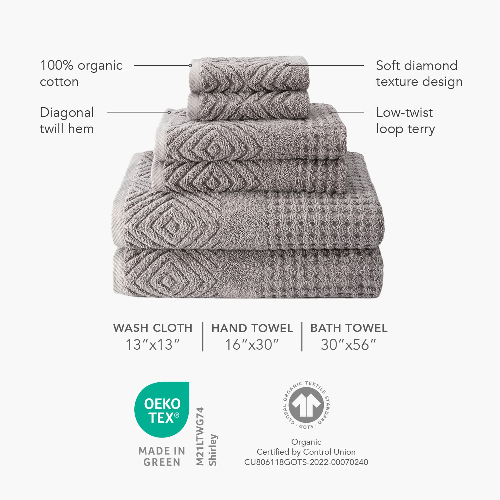 Texere 100% Organic Cotton 700 GSM Luxury Bath Towel Set - Ultra Soft Hotel & Spa Quality Towels, 2 Large Bath Towels, 2 Hand Towels, 2 Washcloths (6-Piece Set, Diamond/Merlot) - Perfect for Bathrooms, Spas, Hotels & Luxury Home Decor