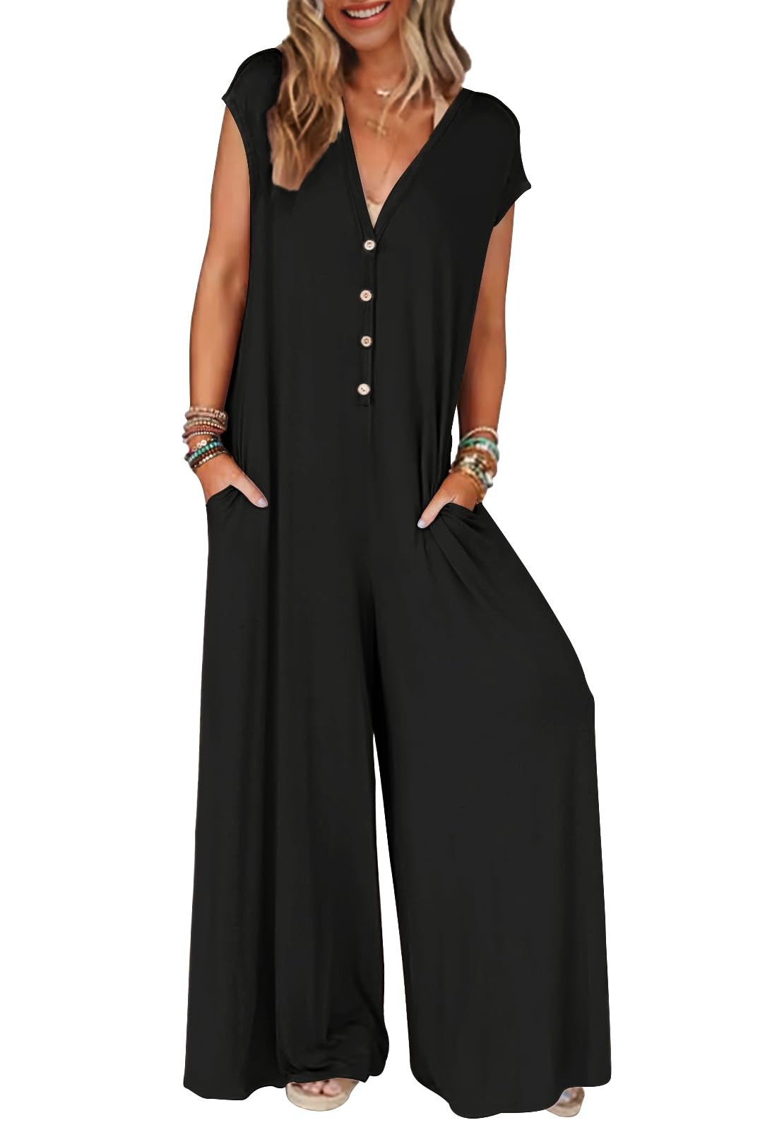 MEROKEETY Women's 2025 Summer Cap Sleeve Jumpsuit - Deep V Neck Button Front Romper with Wide Leg Pants | Casual Outfit for Beach, Vacation & Summer Parties