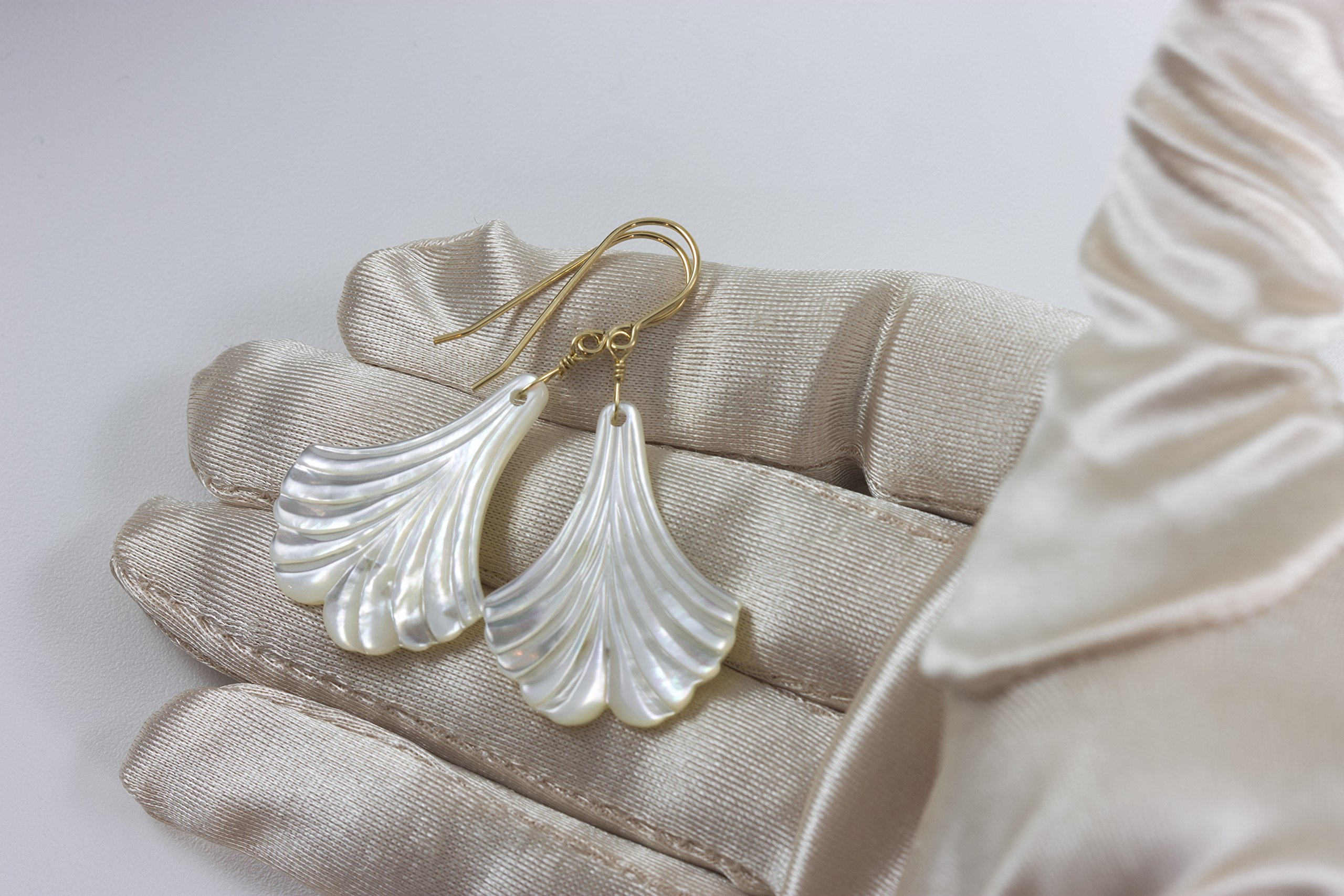 Elegant White Mother of Pearl Earrings - Hand-Carved Wide Fan Leaf Drop Dangle Earrings | Perfect for Weddings, Parties & Special Occasions