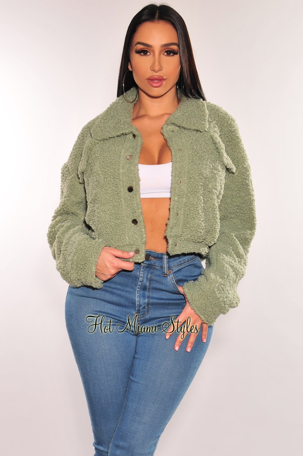 Sage Teddy Collared Long Sleeve Cropped Jacket for Women - Soft Fleece Outerwear for Fall & Winter - Perfect for Casual Outfits, Date Nights and Layering