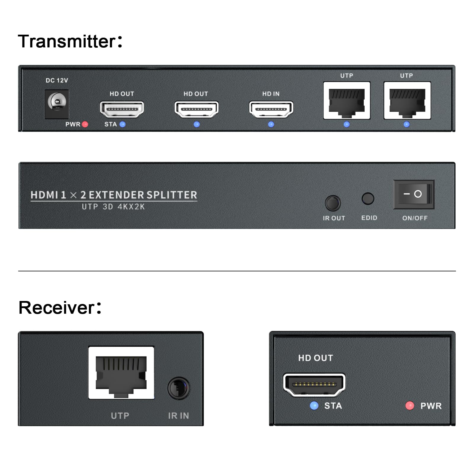 4K HDMI Extender Splitter 1x2 - 60Hz up to 196ft (60m) via CAT5/CAT6/CAT7 Cable with IR Power Switch & EDID - Perfect for Home Theater, Gaming, and Conference Room AV Setup