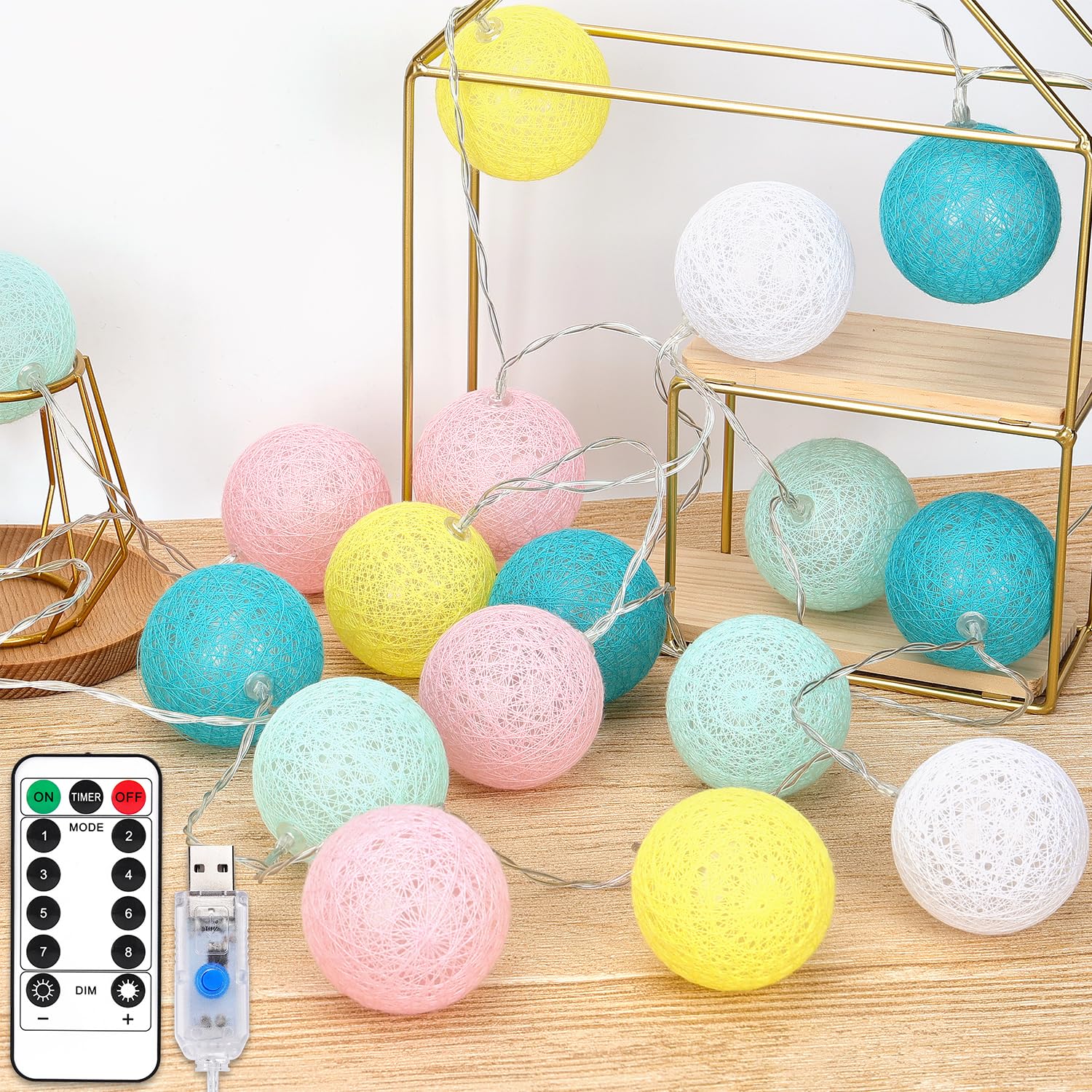 KWODE 50 LED Cotton Ball String Lights with Remote Control & Timer, USB Powered 8 Lighting Modes, Color Changing Fairy Lights for Bedroom, Christmas, Wedding, Party Decor (6cm Diameter) - Perfect for Indoor Home Decoration, Nursery, Garden and Special Events