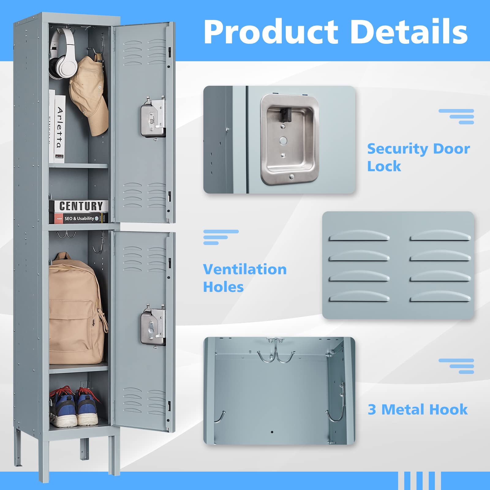 Letaya 4-Tier Metal Storage Cabinet with Locking Doors & Hooks - Secure Storage Locker for Gym, Office, Home, School - Perfect for Employee Lockers, Sports Equipment & Home Organization (2-Door, Gray)