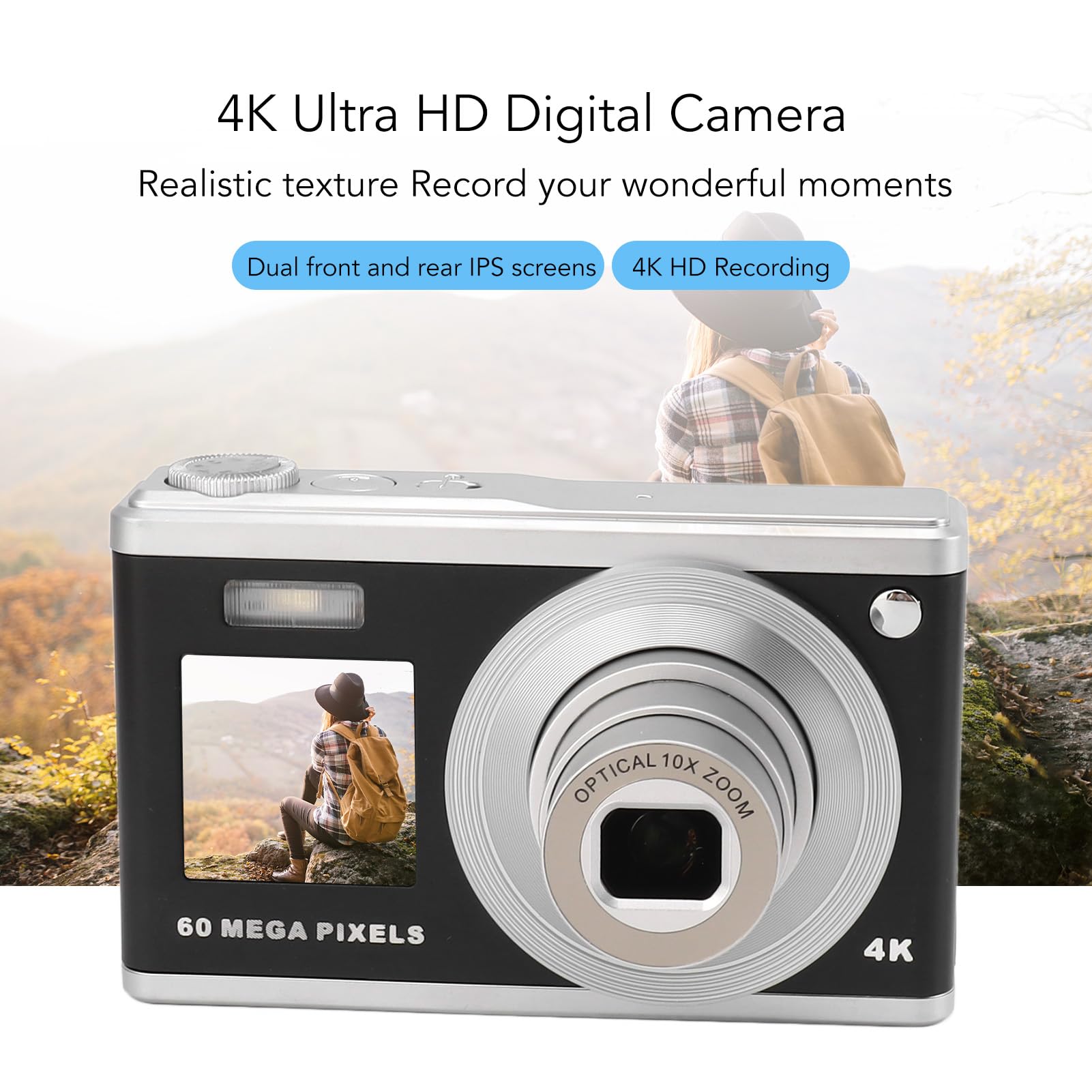 60MP 4K Digital Camera with Dual Screen & Autofocus | 10x Optical Zoom & Anti-Shake | Compact Portable Camera for Travel, Vlogging, Hiking & Outdoor Photography | Automatic Functions (Black)